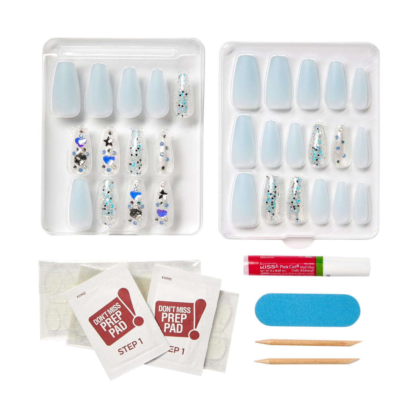 KISS Majestic Press On Nails, Nail glue included, 'Your Grace', Light Blue, Long Size, Coffin Shape, Includes 30 Nails, 2g glue, 2 Prep Pads, 2 of 24 Adhesive tabs, 2 manicure sticks, Mini file