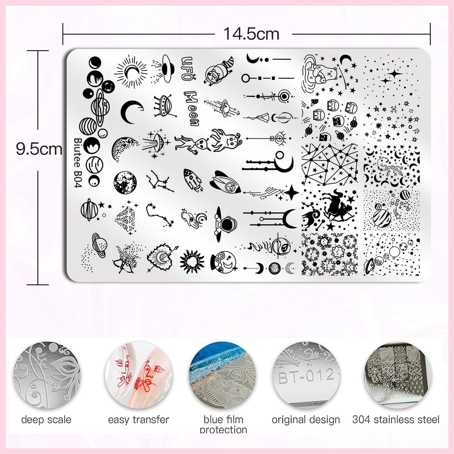 Biutee Nail Stamping Plate Nail Stamper Kit with Stamper & Scraper, Large Nail Art Stamping Plate French Line Lace Flower Leaves Animal Star Space Design DIY Nail Stamping Kit