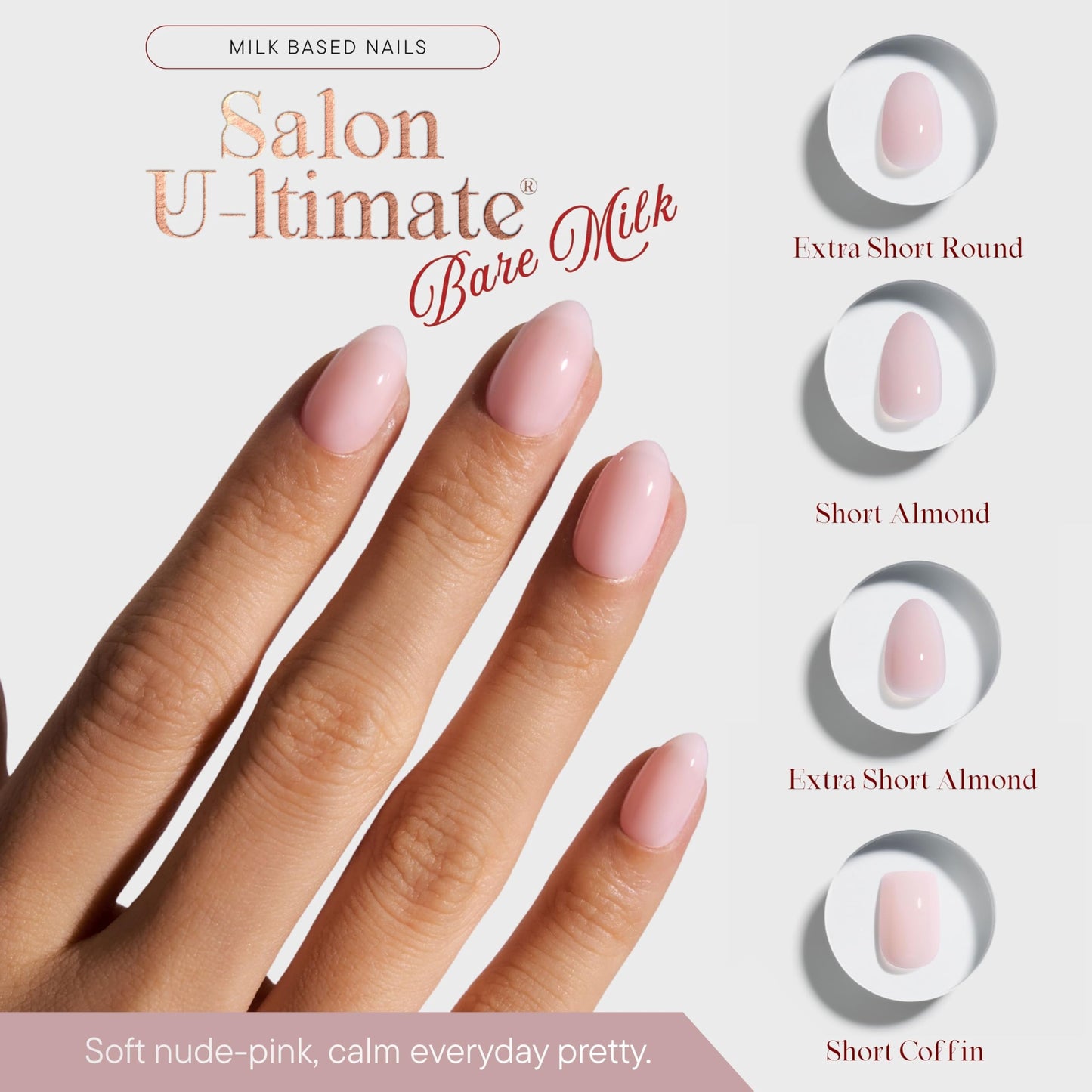 Celebritips Press On Nails - Salon U-ltimate™ | Bare Milk, Extra Short Almond Nails, Reusable | 16 sizes - 32 Nails Kit with Glue and Sticky Tabs