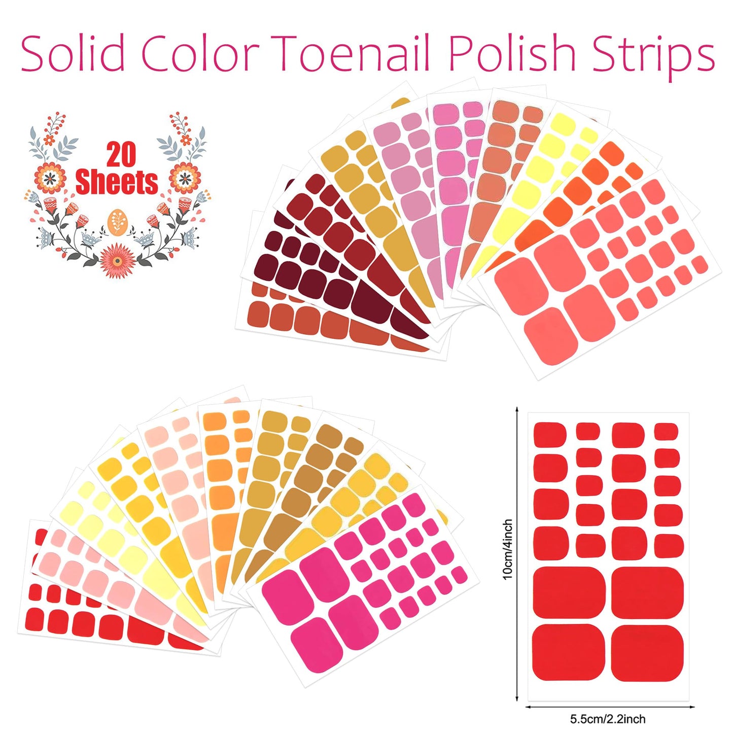 JERCLITY 440 Pieces 20 Sheets Solid Color Toenail Polish Strips Full Nail Wraps for Women Nail Art Wraps Toe Nail Stickers for Toes Nail Polish Stickers for Toenails Decals