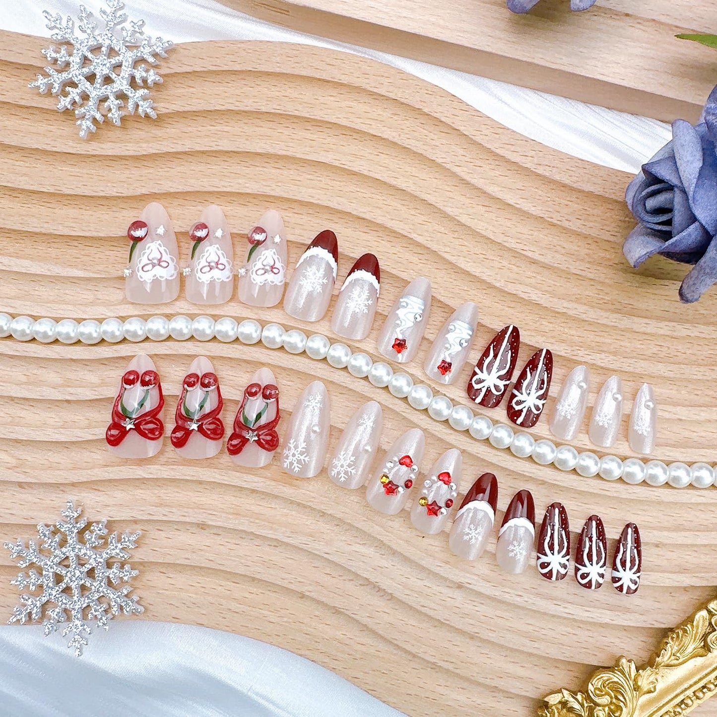 24Pcs Christmas Press on Nails Medium Almond Red French Tip Fake Nails with Star Heart Rhinestones 3D Cherry Bow False Nail Winter Snowflake Acrylic Nail New Year Full Cover Glue on Nails for Women