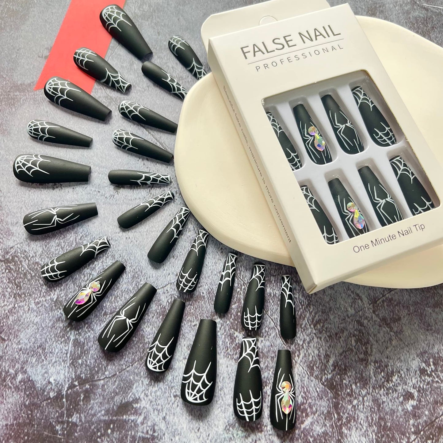 Halloween Press on Nails Long Coffin White Spider Web Fake Nails with Rhinestones Stick on Nail Black Full Cover Acrylic Nails False Nails for Women Girls 24Pcs