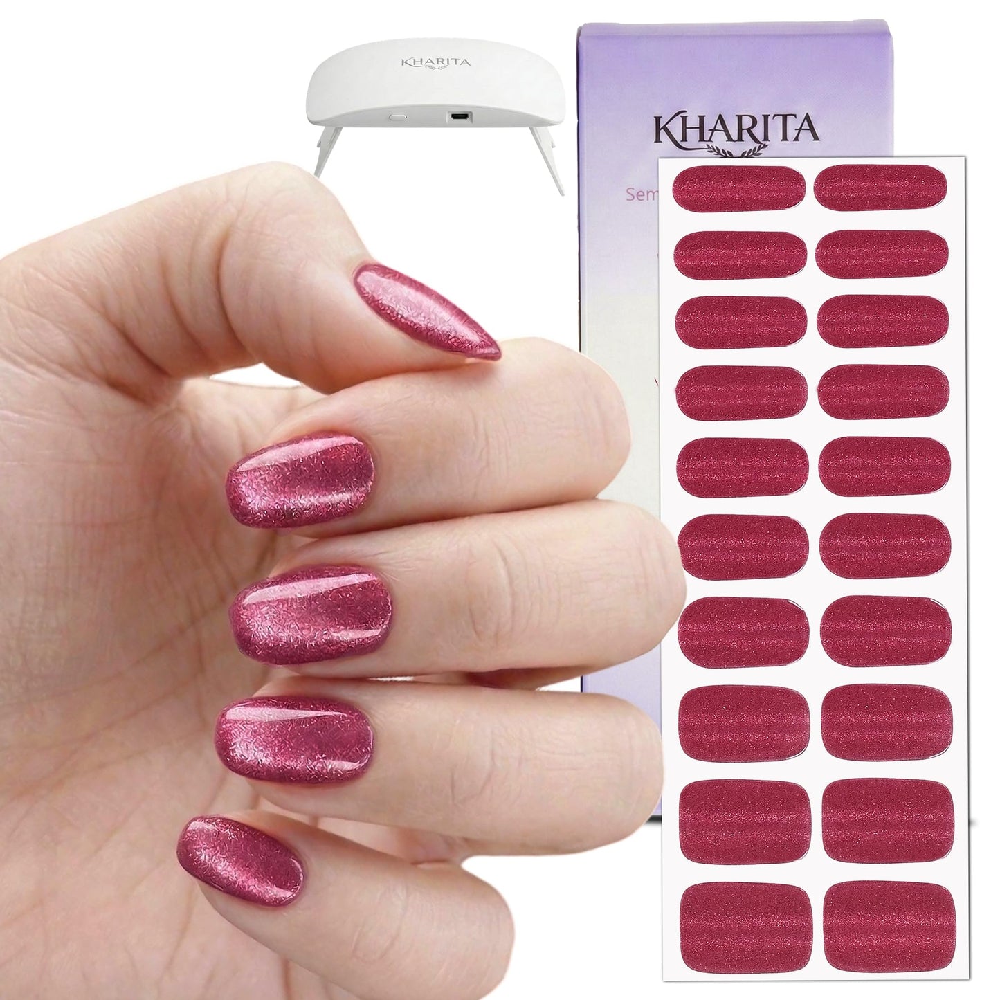 KHARITA Semi Cured Gel Nail Strips – Real Gel Nail Polish Wraps | Long Lasting Easy Peel-Off Removal | Hema-Free | 20-Piece Glitter Cat Eye Hot Pink Salon Kit with UV Light