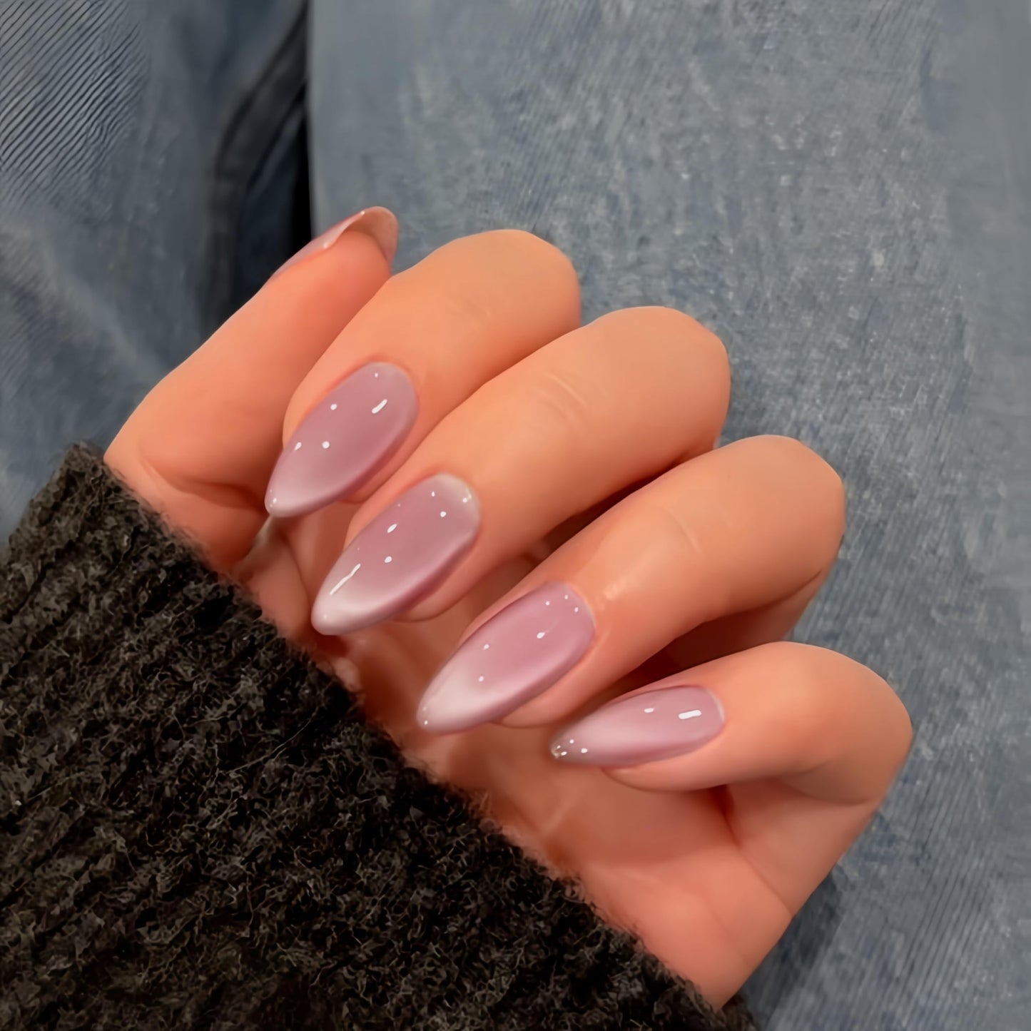 KQueenest Pastel Pale Pink Cat Eye Press on Nail Almond, 30 Pcs 15 Sizes Shiny Sparkle Fake Nails Press on Medium Stiletto, Custom Thick Quality, Reusable Cute Glue on Nail for Women Summer Party