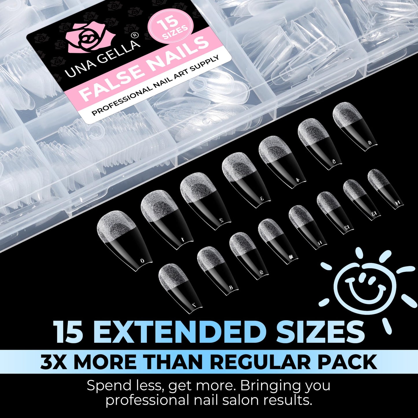 UNA GELLA Gel Nail Tips Coffin Medium 450PCS 15 Sizes Pre-shaped Full Cover Clear Coffin Press On False Nails Easy DIY Art Salon Acrylic Fake Nails Extensions Tips Long-Lasting Hold