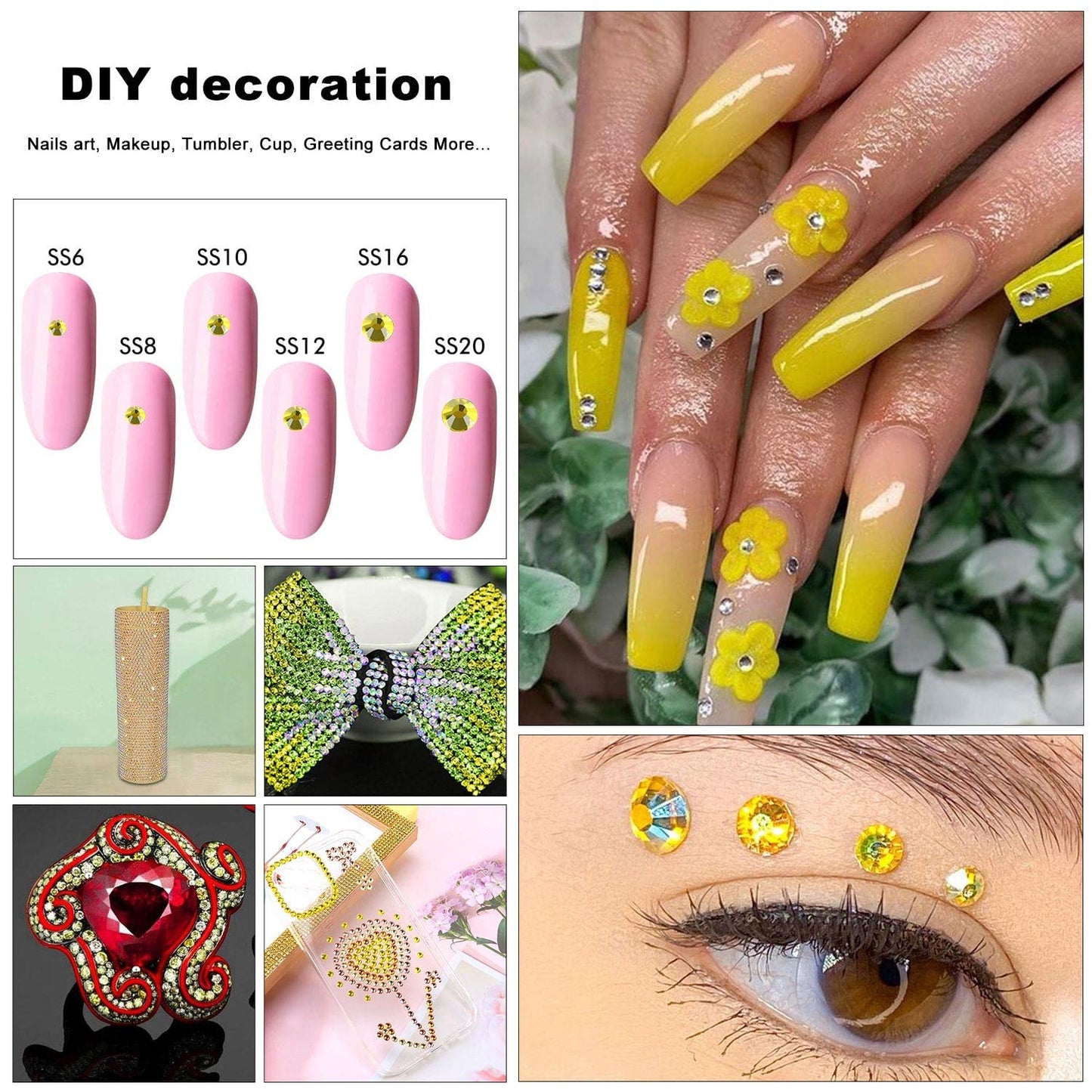 Meibite Yellow Glass Flatback Rhinestones for Nails, Crafts & Clothes – 4240PCS 6 Sizes (SS6–SS20) Crystal Gems Kit with Tweezers & Picker, Non Hotfix DIY Rhinestones for Tumblers, Shoes, Nail Art