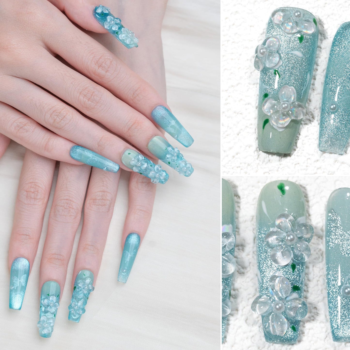 Sun&Beam Nails Handmade Press-on Medium Long Coffin Ballerina Blue 3D Flower Minimalist Design Fashion False Nail Tips 10 Pcs Set (#245 M)