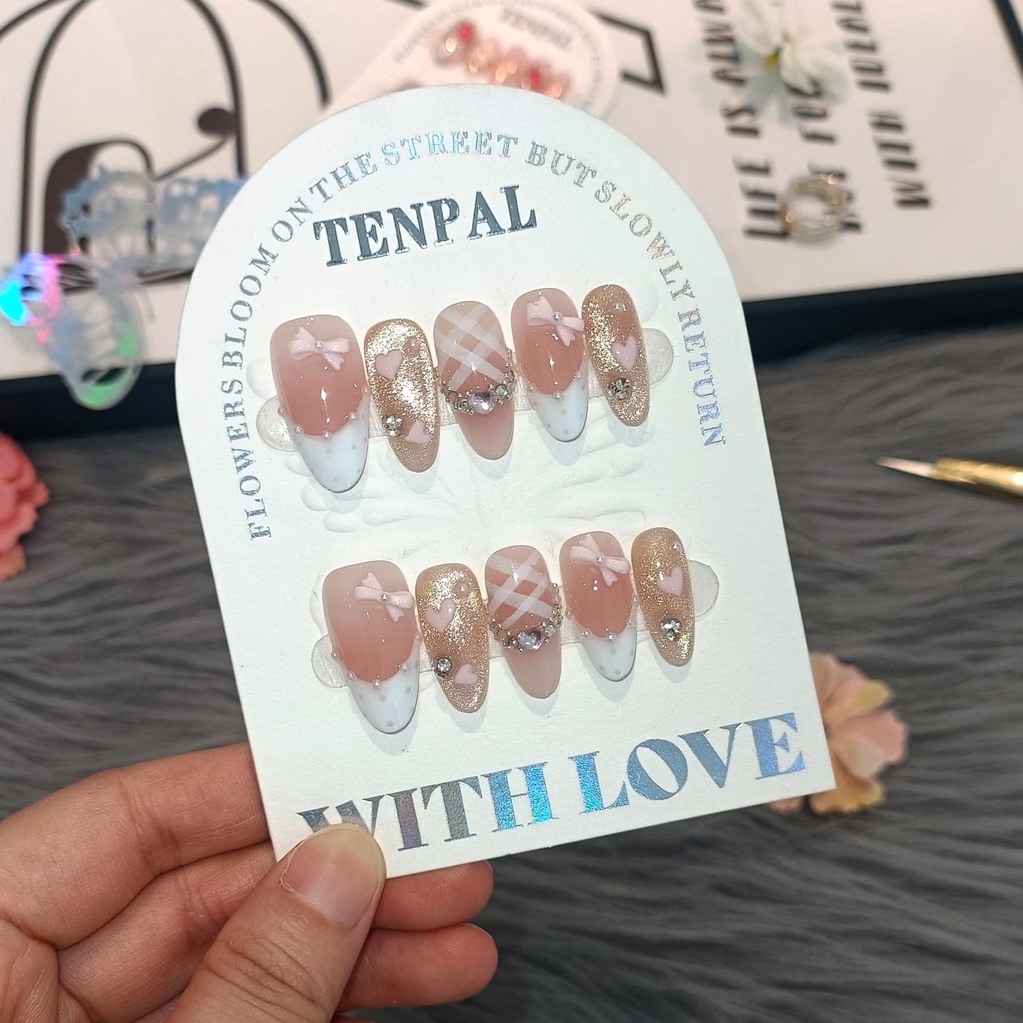 TENPAL Reusable Almond Press on Nails Medium,Pink Cat Eye Glitter Fake Nails with Polka French Tips,Hand-Painted Hearts & 3D Bow Rhinestones False Nails,Princess K-Beauty Nails Full Manicure Kit(XS)