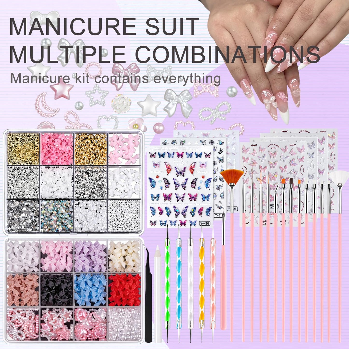 GZMAYUEN Nail Decoration Kits, Nail Charms, Nail Art Brushes Set, Nail Art Dotting Pens, Butterfly Nail Stickers, Rhinestones For Nails