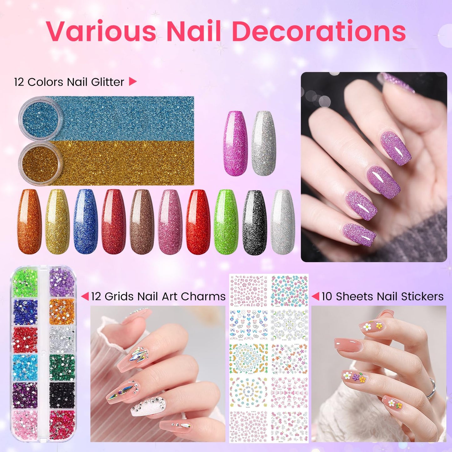 Acrylic Nail Kit for Beginners with Everything: 12 Colors Professional Acrylic Powder Starter Set with Drill UV Light Glitter & Rhinestones in Cosmetic Bag, Ideal Gift for Women Home & Salon (Purple)