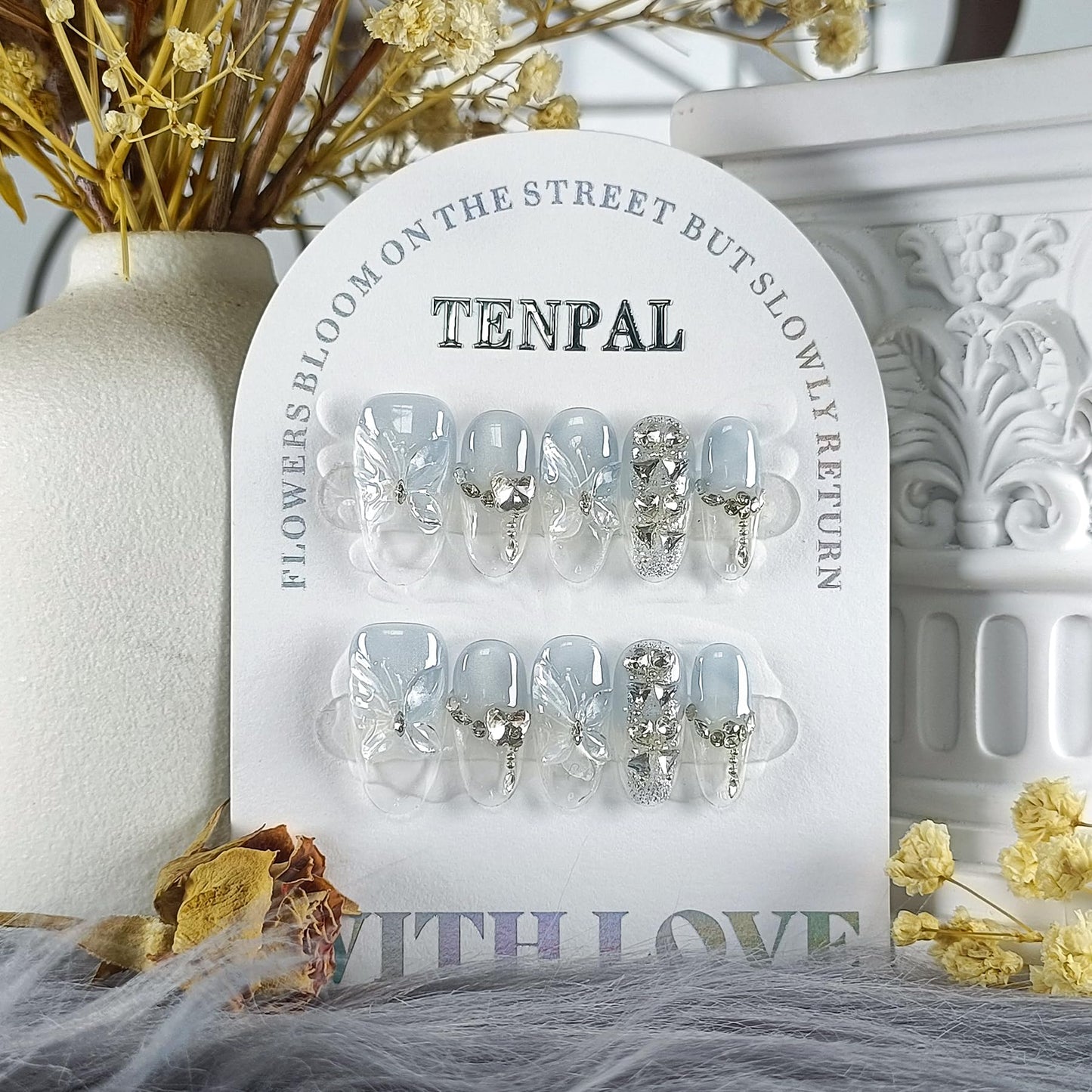TENPAL Cat Eye Press on Nails 10Pcs Full Kit - Short Oval Icy Ocean Gradient False Nails, 3D Butterfly Rhinestone Spring Summer Fake Nails, Ethereal Glue on Nails for Girls Glitter Shimmer Design(S)