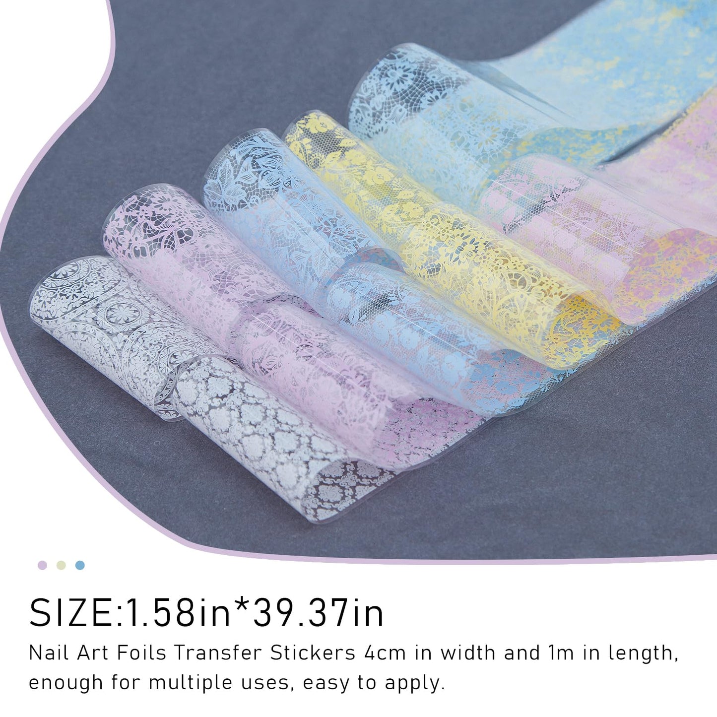 JERCLITY 10 Rolls Purple Blue Yellow White Lace Flower Nail Foil Transfer Stickers Nail Art Wraps