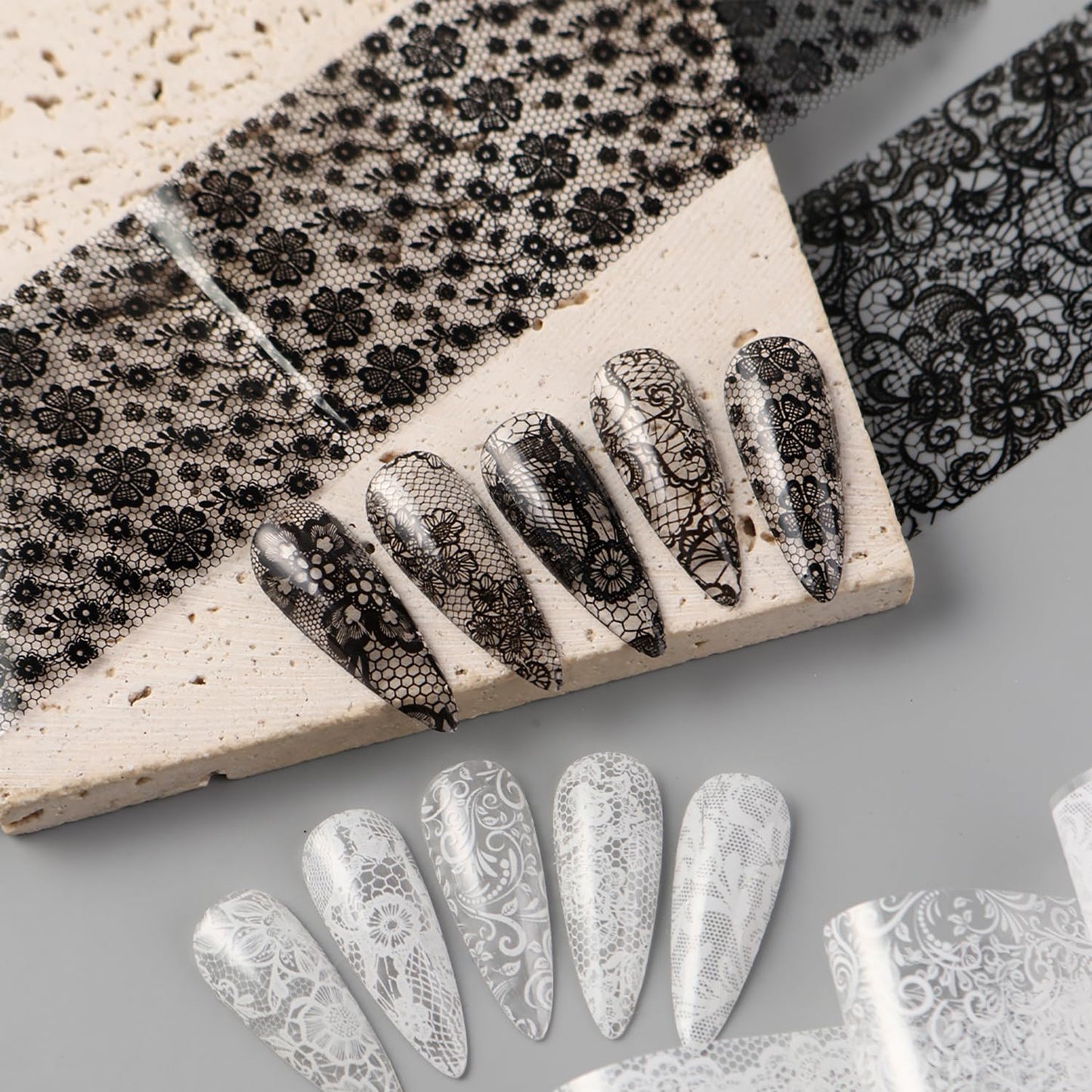 10 Sheets Lace Flower Nail Art Foil Transfer Stickers Black White Lace Nail Foils Transfer Nail Art Flowers Nail Supplies Decals Acrylic Nail Decorations for Women DIY Manicure Art Accessories