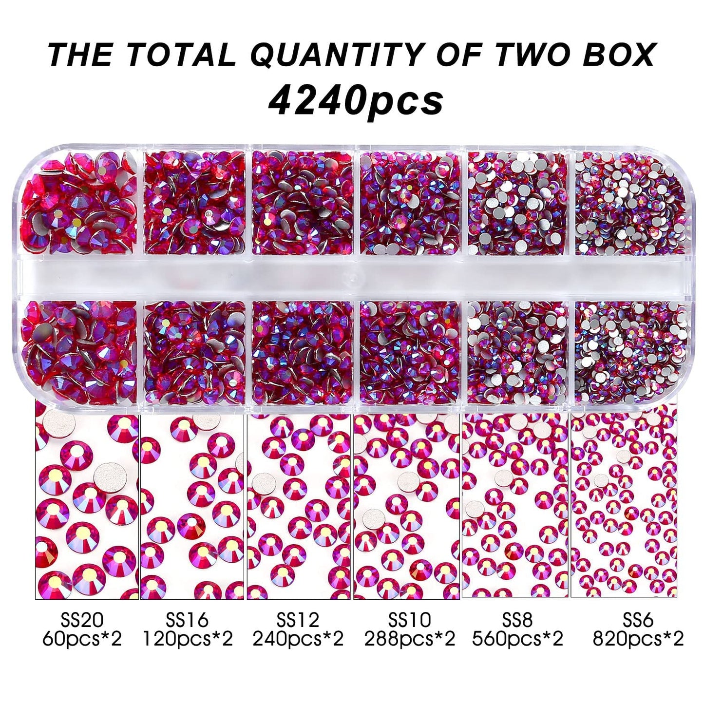 Meibite Red AB Glass Flatback Rhinestones for Nails, Crafts & Clothes – 4240PCS 6 Sizes (SS6–SS20) Crystal Gems Kit with Tweezers & Picker, Non Hotfix DIY Rhinestones for Tumblers, Shoes, Nail Art