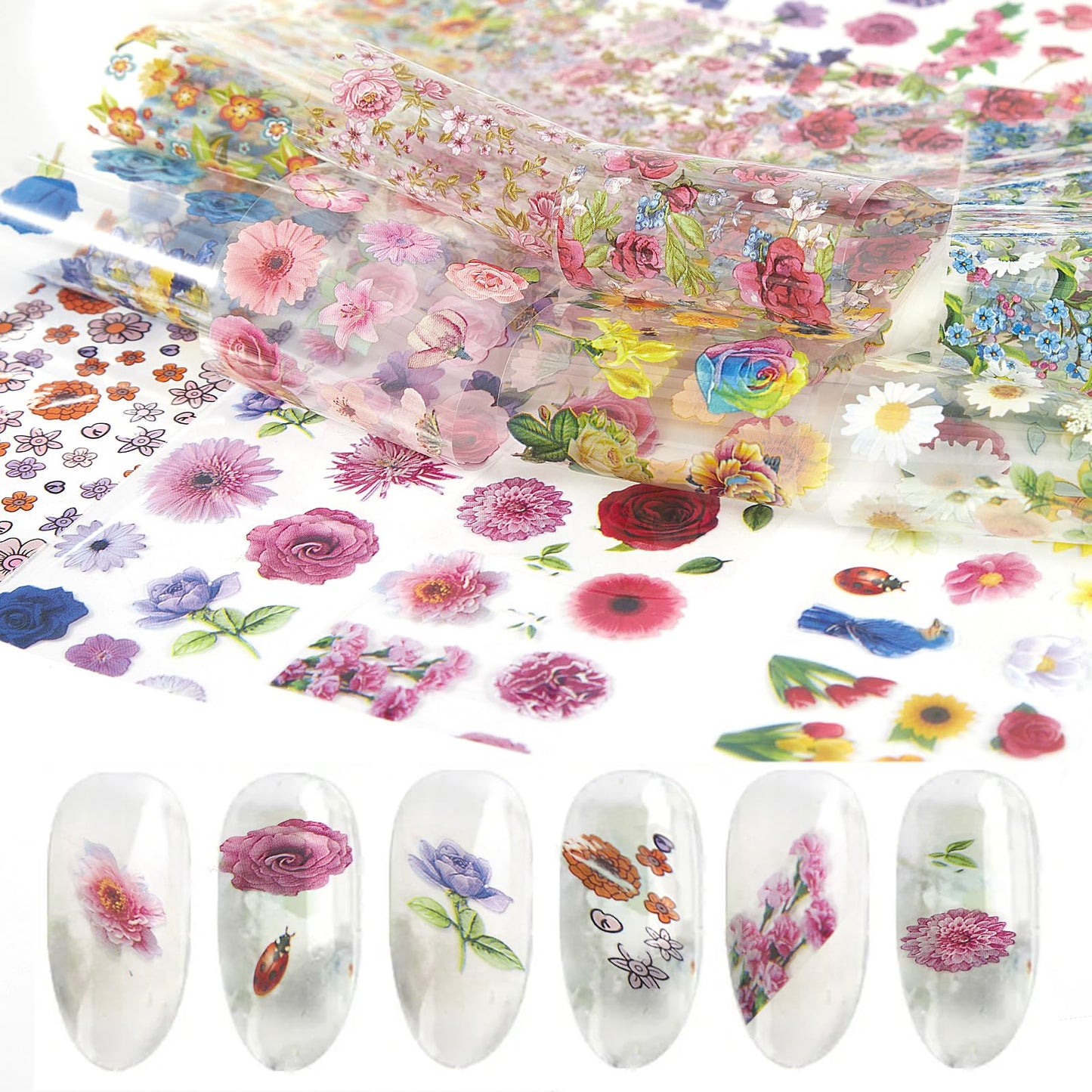 SILPECWEE 300Pcs Flowers Nail Foil, Holographic Nail Art Foil Flower Transfer Foils Paper 3D Floral Nails Stickers Fingernail Wraps Decals Manicure Design Kit Nails Decoration