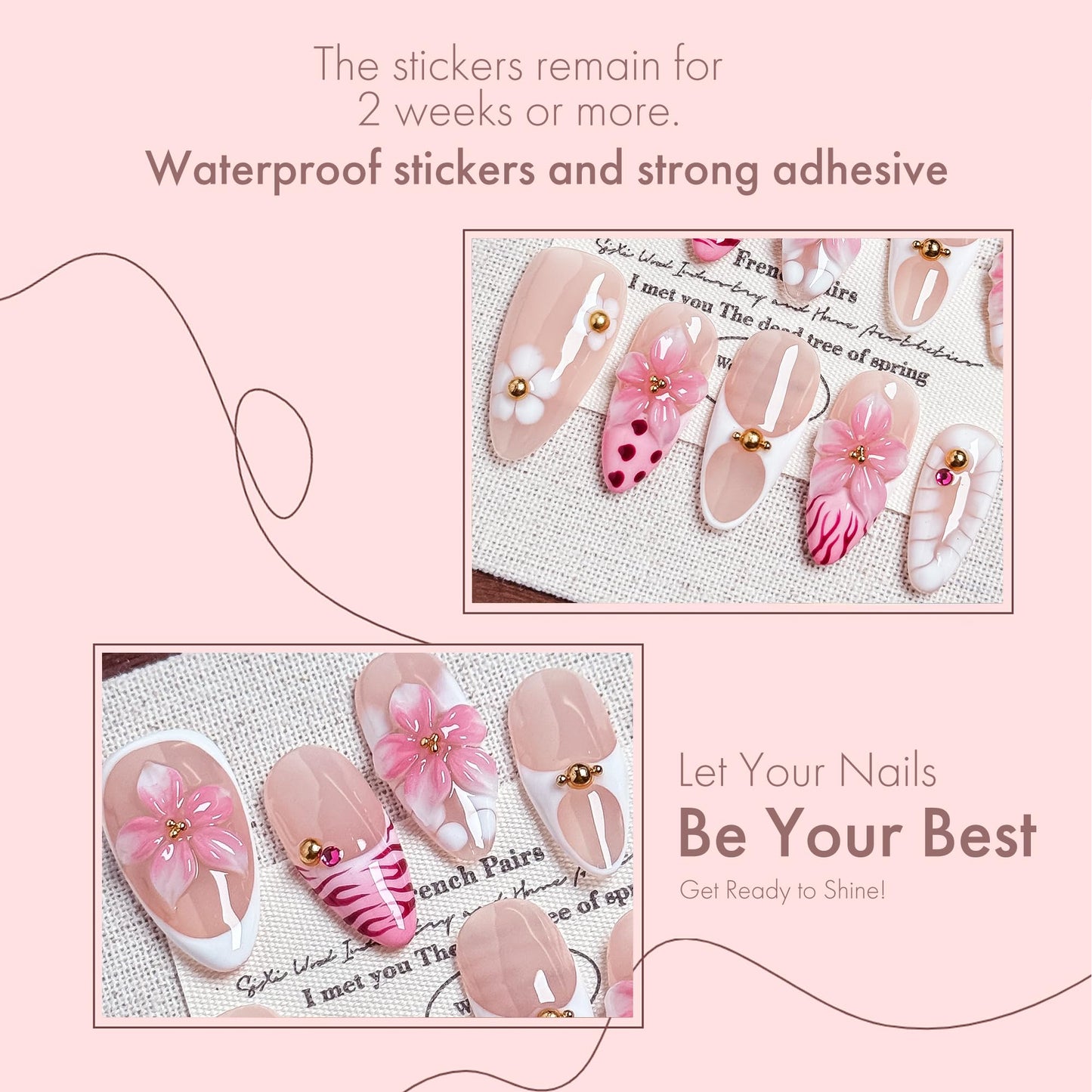 10PCS Pink Floral Press-On Nails - 3D Romantic Spring Blossom Nails, Nude & Pink Girly Elegant Pastel Flower Acrylic UV Gel Fake Nails for Women (Pink, XS)