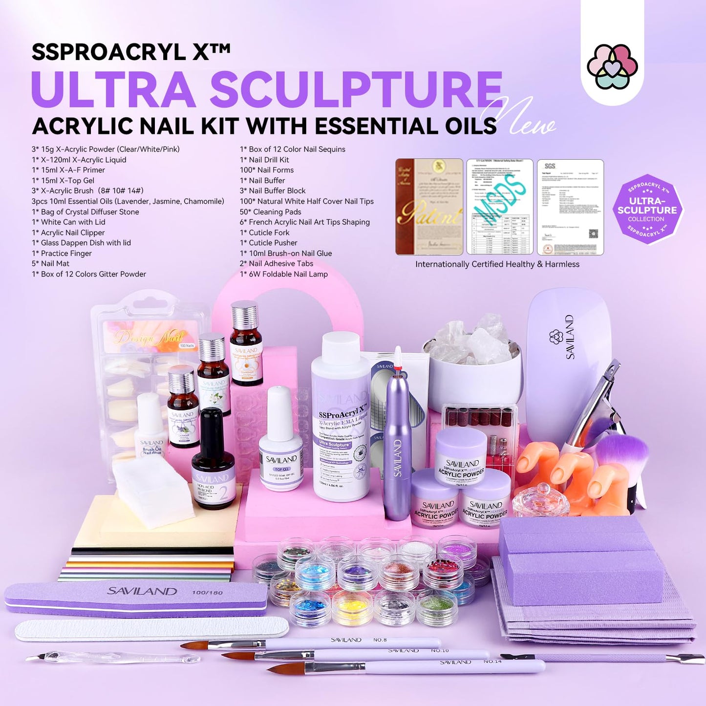 SAVILAND Professional Acrylic Nail Kit with Drill: Nail Kit Acrylic Set with 4OZ High Volumn EMA Monomer Nail Table Mat Essential Oil Nail Brush Nail Drill Kit Nail Extension Carving Women DIY Salon