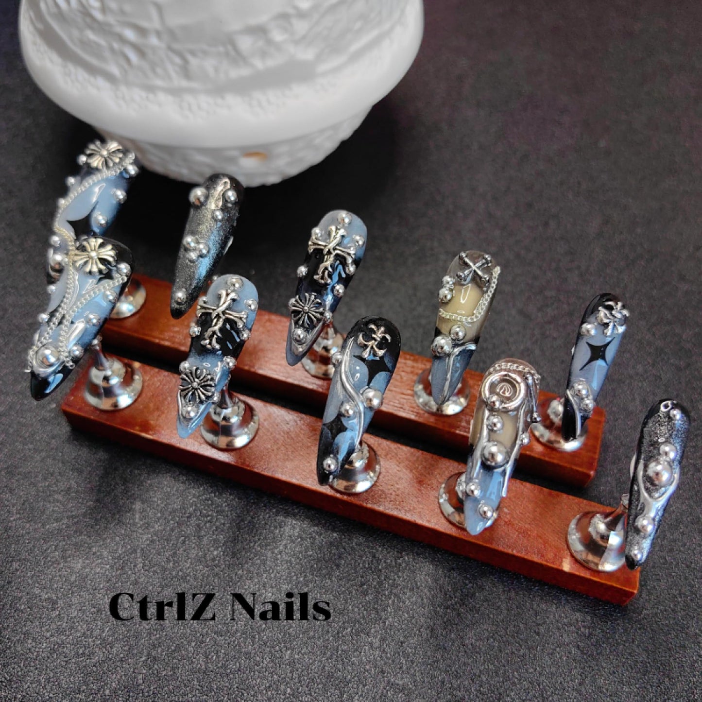 CtrlZ 3D Handmade Luxury Stiletto Press On Nails – Gothic Cross Blue Black Metal Stud Design, Reusable Fake Nails, Size S