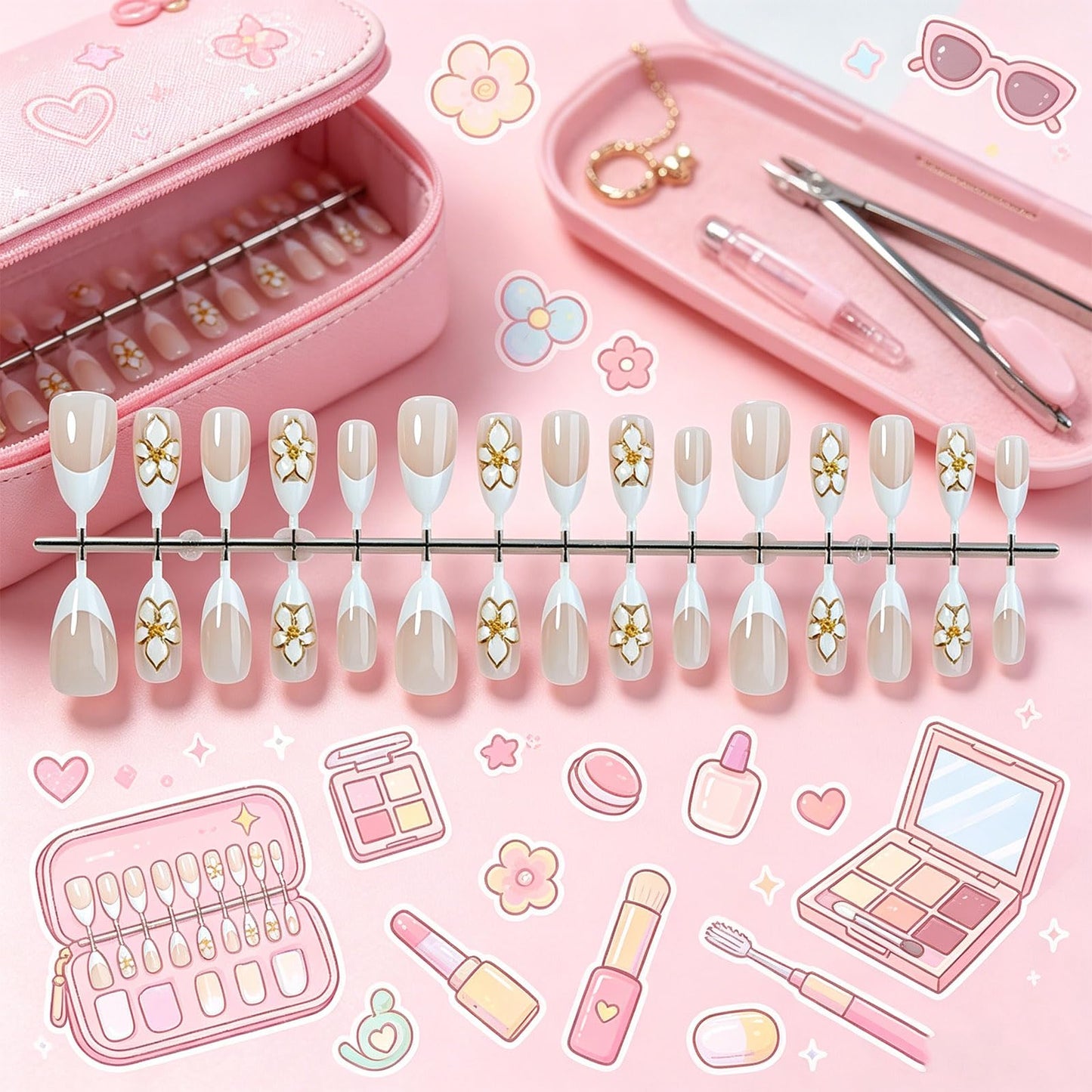 3D Flower Press on Nails Glossy White French Tips Medium Almond Fake Nail Floral False Nails with Gold Trim Design Elegant Stick on Nail Pearl Glue on Artificial Fingernails for Women Daily Wear