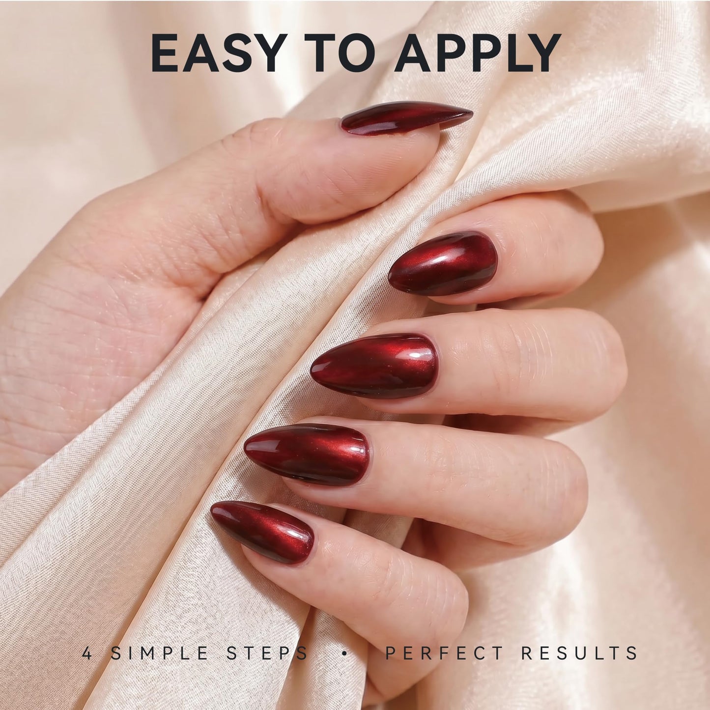 ELLEWIN 60 Pcs Cat Eye Press on Nails Medium Almond - Burgundy & Nude, 15 Sizes Acrylic Glossy Glitter Stick on Nails Set with Glue, Remover & Accessories for Women