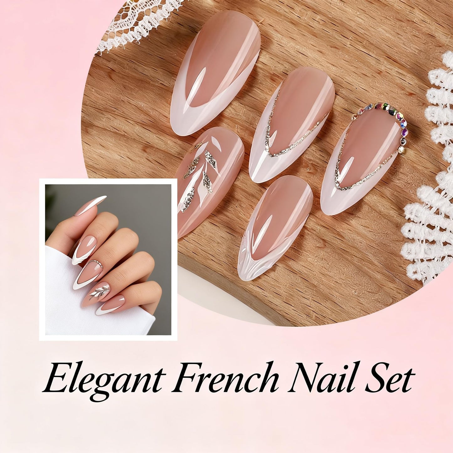 BABALAL Press On Nails, Medium Almond Fake Nails, White French Tip, Glitter Leaf Design, with Rhinestone Sparkly, Glossy Full Cover Glue On Nails For Women And Girls 24Pcs