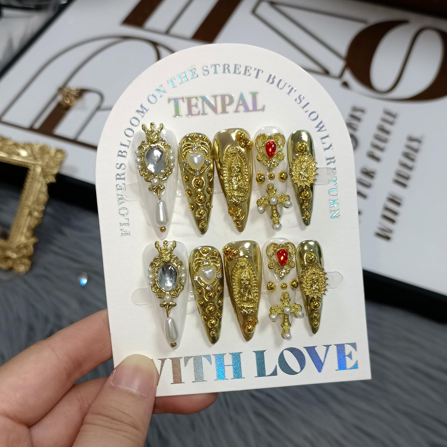 TENPAL 10Pcs Handmade Royal Press On Nails With Tools,Metallic Gold Long Stiletto Fake Nails with Pearl & Celestial Charms Designs,Sculpted 3D Baroque Acrylic Glue on Nails for Wedding Gothic Ball(M)
