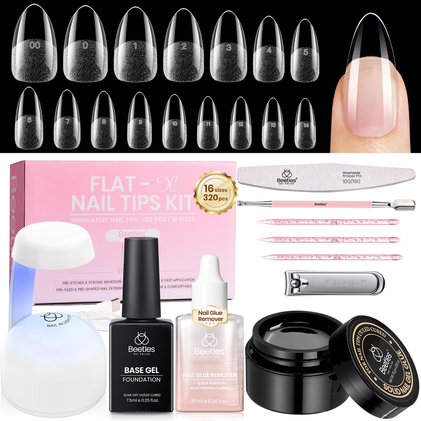 Beetles Gel Nail Kit Flat-X, Almond Medium, 320pcs 16 Sizes Nail tips, with 15g Solid Nail Glue Gel, 10ml Glue Remover, 7.5ml Base Gel, Mini Lamp, for Acrylic Press On Nail, Extension DIY Set at Home