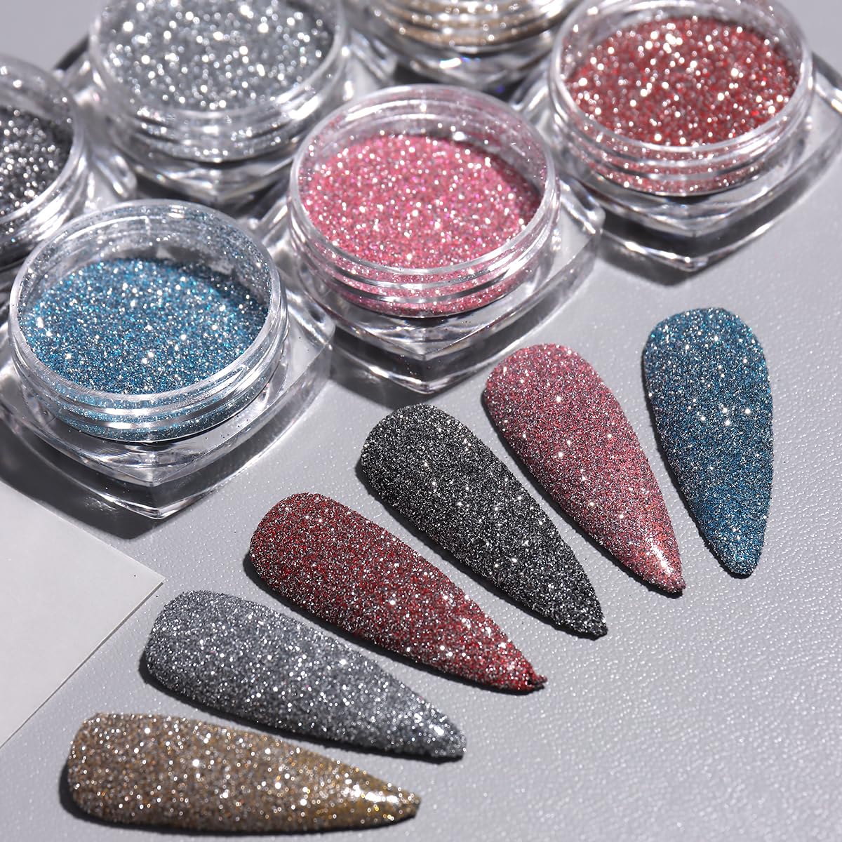 FSpronail Reflective Glitter Powder Set, 6 Colors Sparkle Diamond Glitter Dust Pink Blue Red Sugar Dip Powder Shimmer Loose Glitters Nails Pigment Kit Nail Art Design Manicure Decoration Salon Supplie