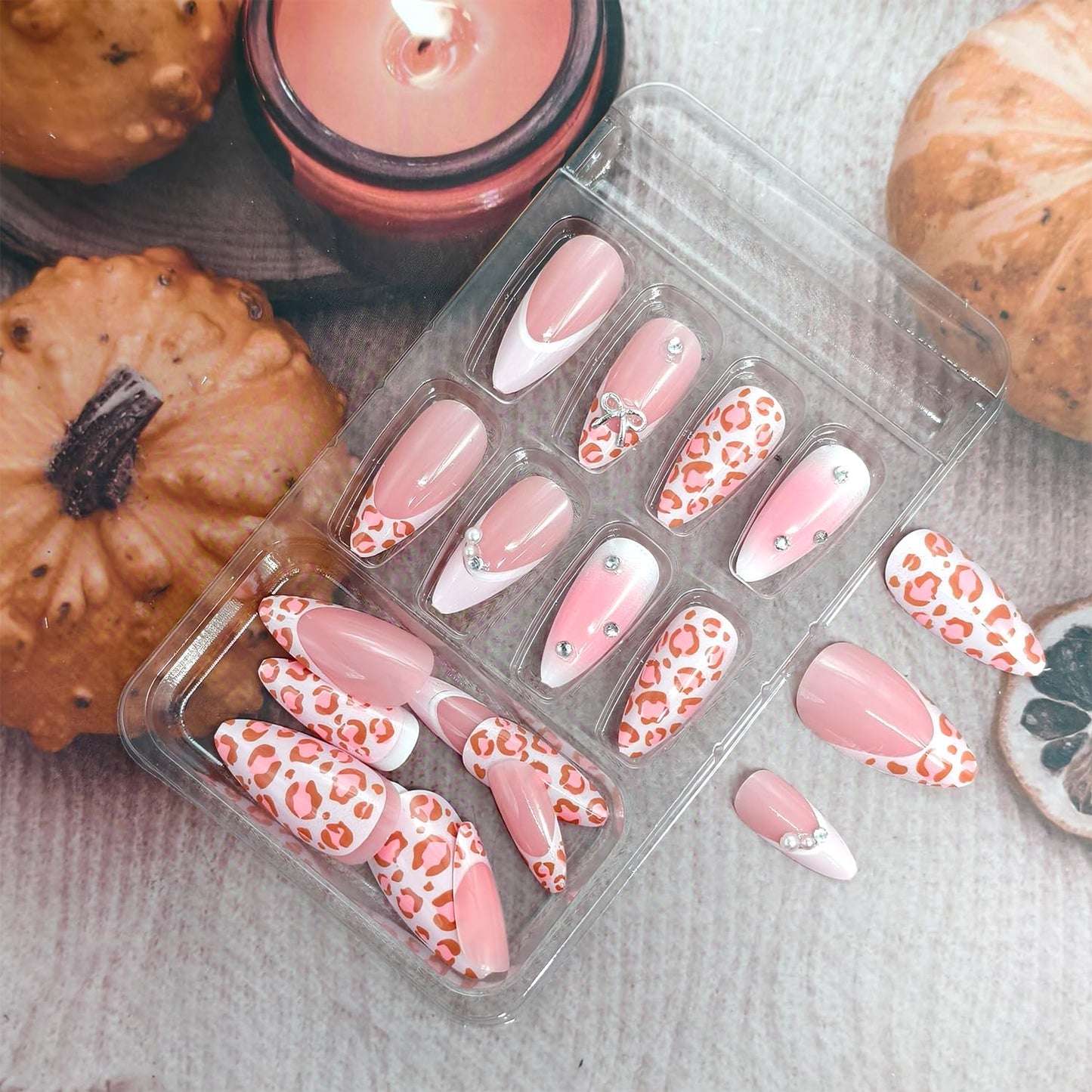 Nude Pink Press on Nails Medium Almond Artificial Acrylic French Tip Fake Nails Pink Leopard Print with Silver Bow Rhinestones Stick on Nail Artificial Fingernails Press Ons Nail for Women Manicure