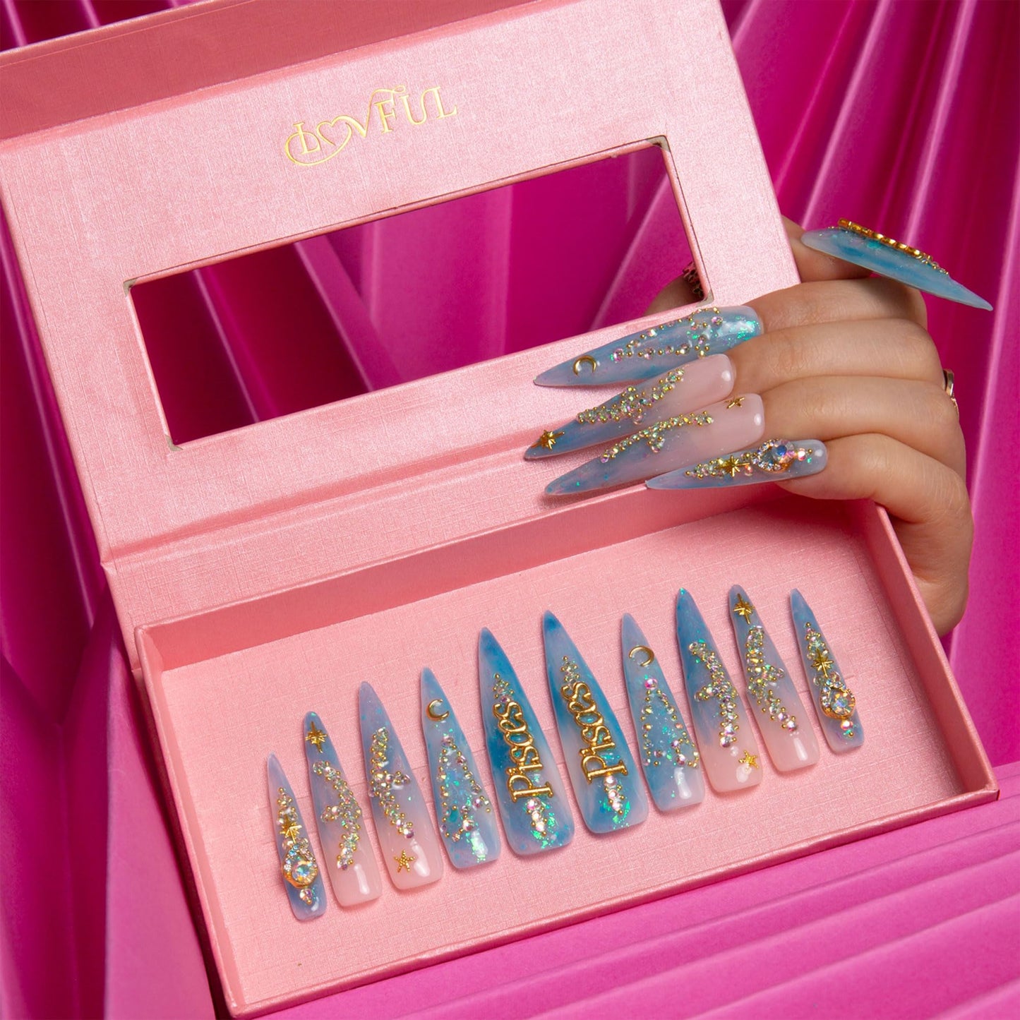 LOVFUL Press on Nails Pisces Blue French Tip | Handmade with Full Covered Crystals | Reusable Full Cover Nails | Stiletto Long 2.2 in | H157-M