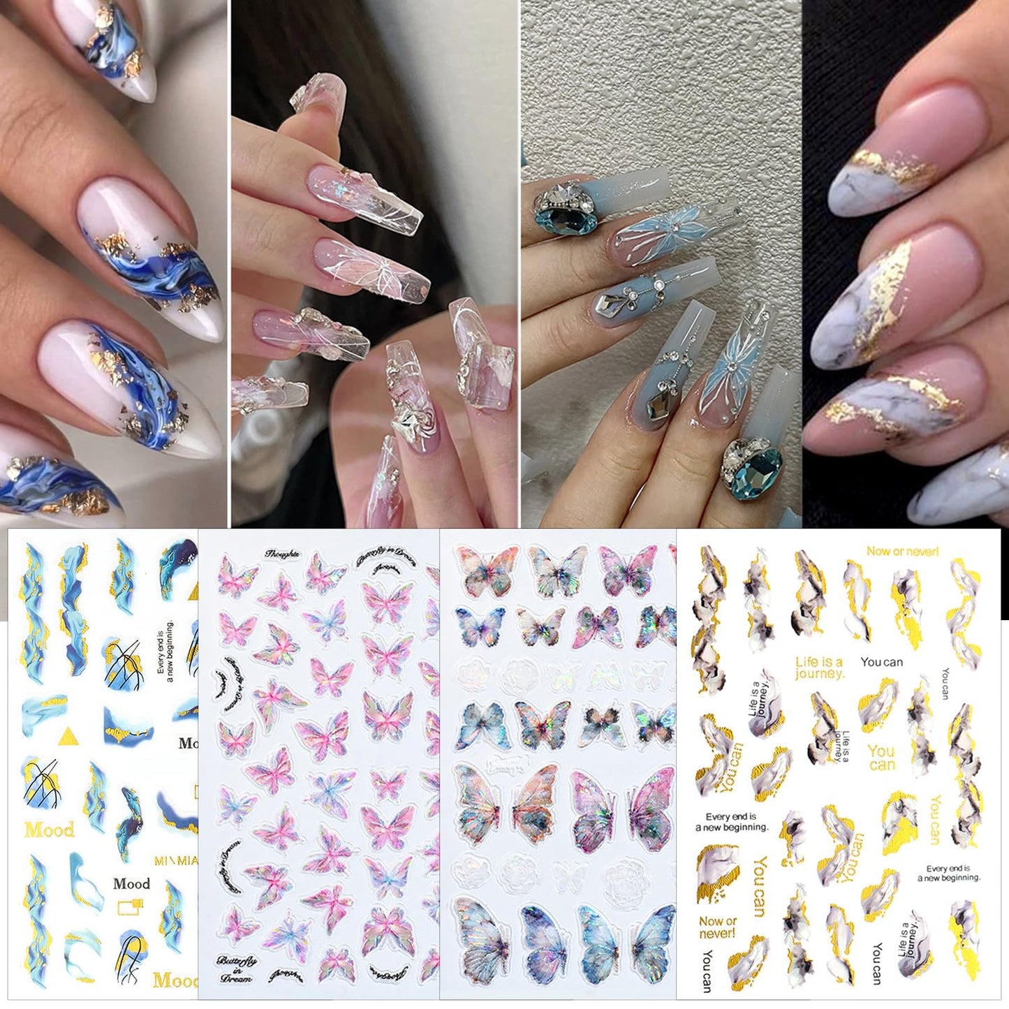 DANNEASY 36 Sheets Varied Nail Art Stickers, Butterfly Flower Letter Star French Tips Gold Nail Decals Self-Adhesive Nail Design Stickers Colorful Nail Stickers for Nail Art Women Kids
