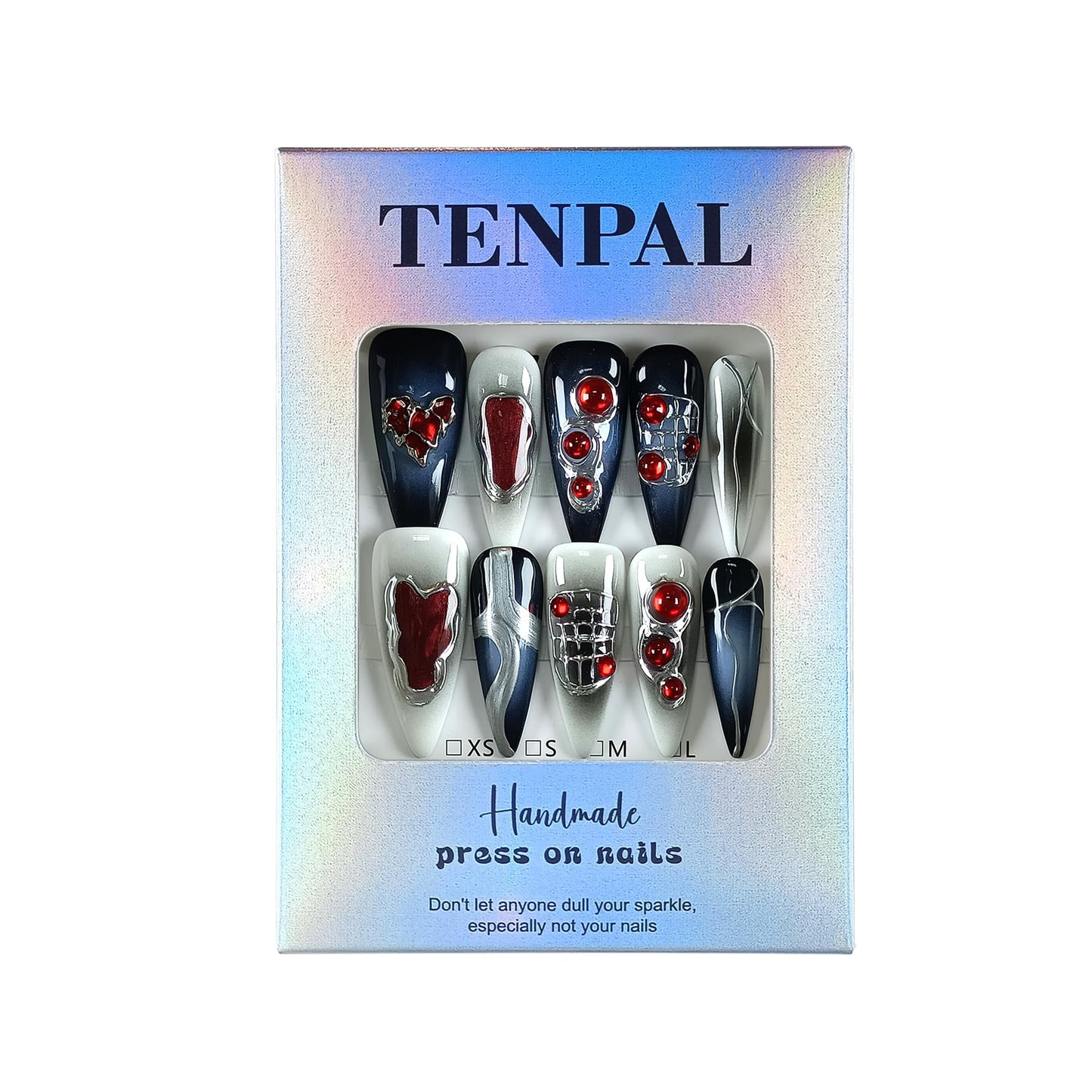 TENPAL Halloween Vampire Nails,Gothic Press On Nails Long Stiletto With Tools,Black Dark Ombre Fake Nails with Red Gems,10Pcs Hand-Painted Glossy Acrylic Glue on Nails for Women Parties Events(S)