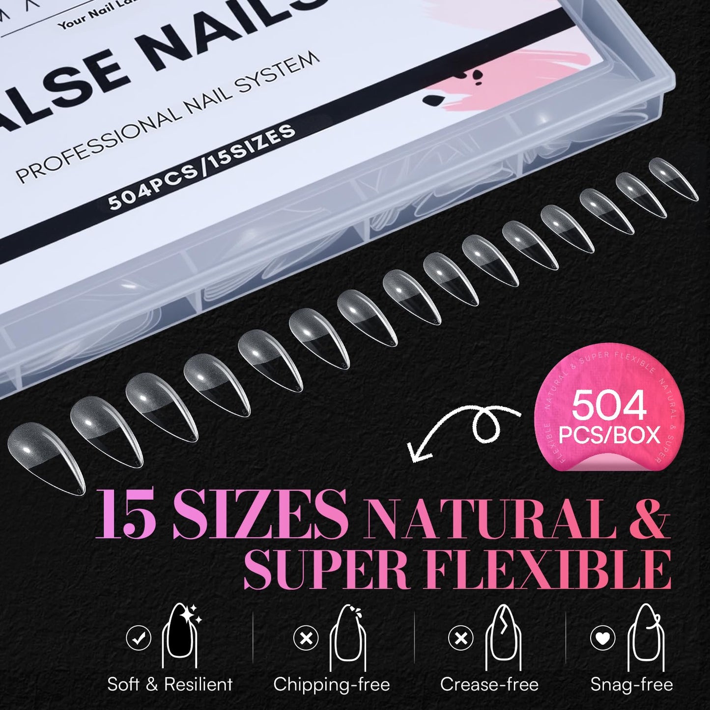Makartt Medium Sharp Almond Nail Tips: Hybrid Almondetto Shape, 15 Sizes Clear Full Cover Fake Nails Extension, 504PCS Half Matte Soft Gel Tips for DIY Nail Lovers, Press-on Creators, Salon Supplies