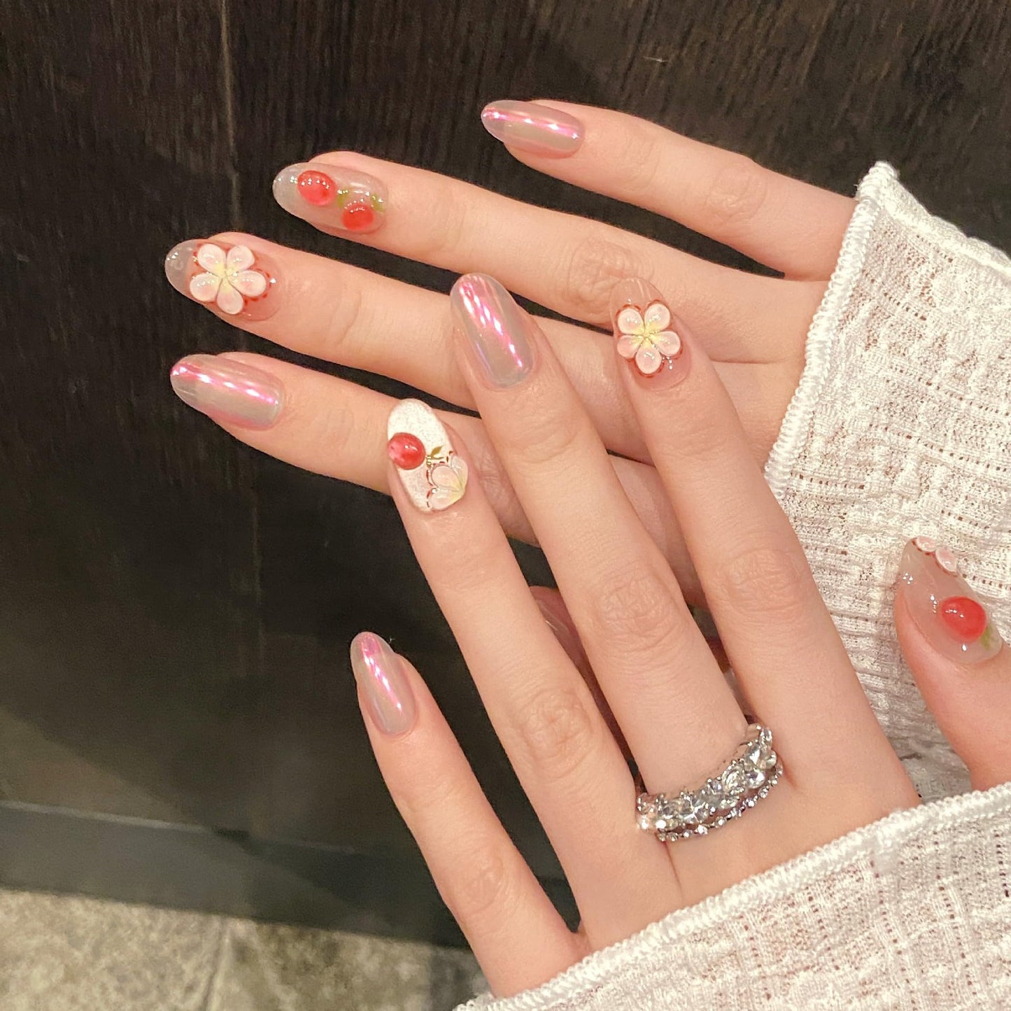 TENPAL Press on Nails 10Pcs with Tools Kit,3D Strawberry Spring Summer Pink Aurora Fake Nails,Cute Floral Almond Short Nails,Full Cover False Nails Simple Blush Glue on Nails Sweet Summer Nails(XS)