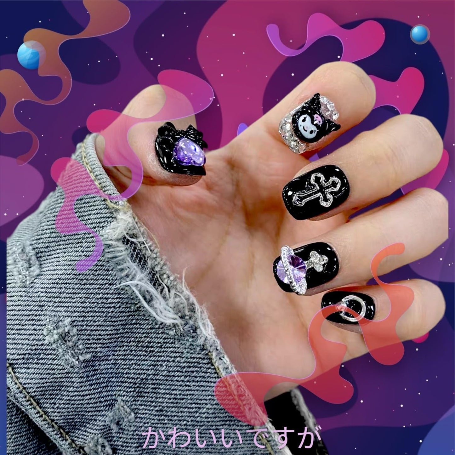 Kawaii Kuromi Pochacco Anime 3D Nail Decal Nana Press on Nails