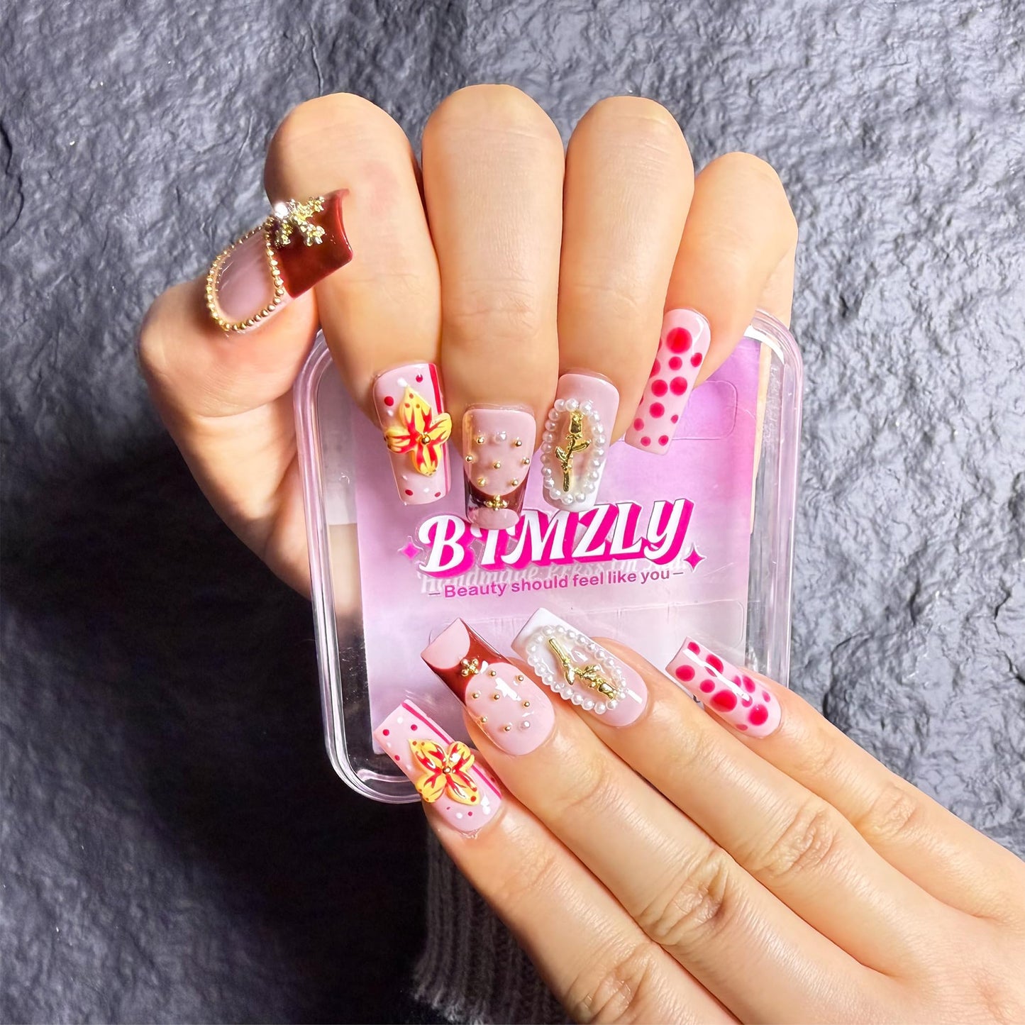Handmade Press On Nails Square Medium Golden Floral Handmade Nails 3d Floral French Reusable Wedding Prom And Festival Gift Handmade Acrylic Press On Nails (Medium)