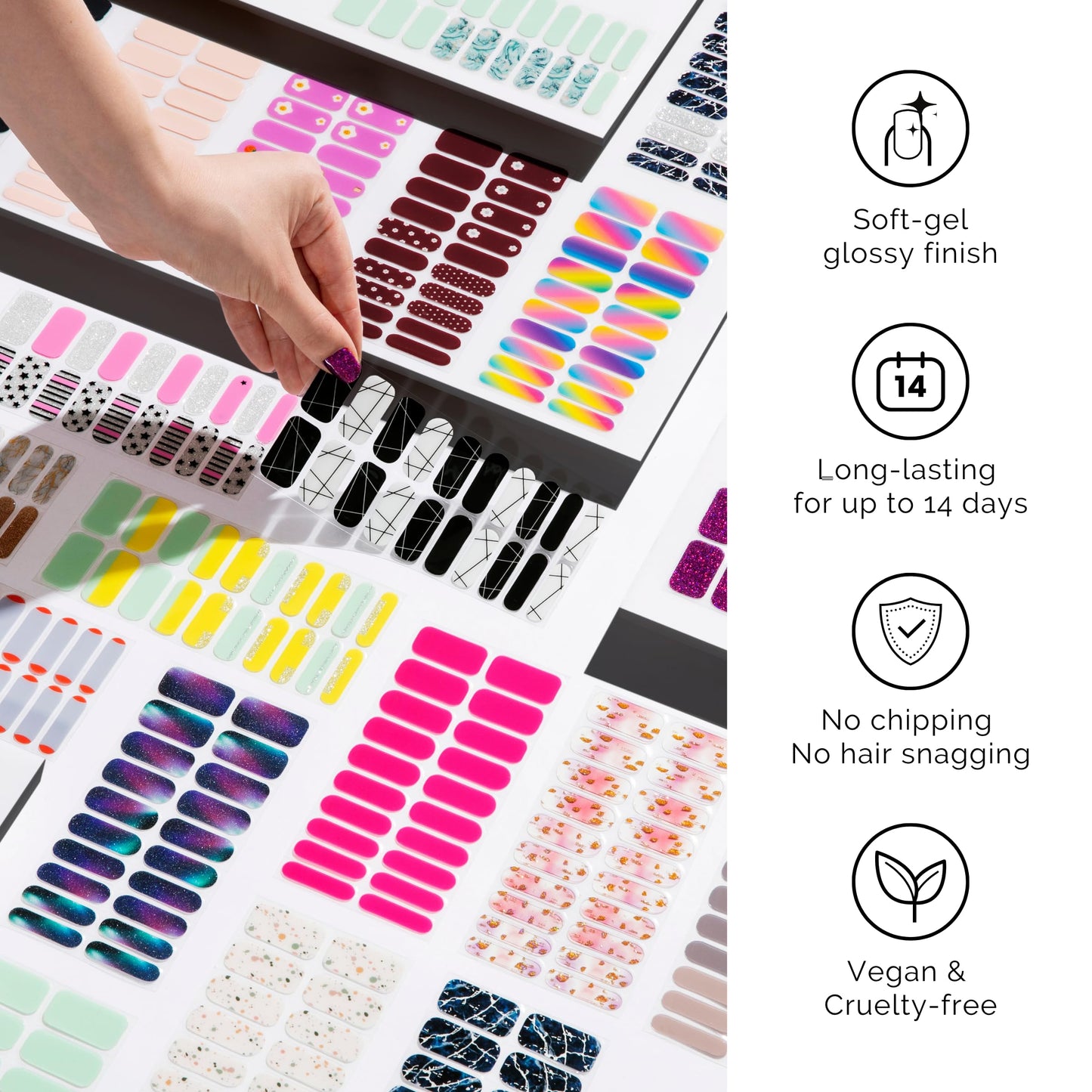 Semi Cured Gel Nail Strips - NAILOG 20 Pcs Blue Flowers Nail Stickers Extra Long Wraps with Glossy Gel Finishing for Spring Summer, Petals in the Wind