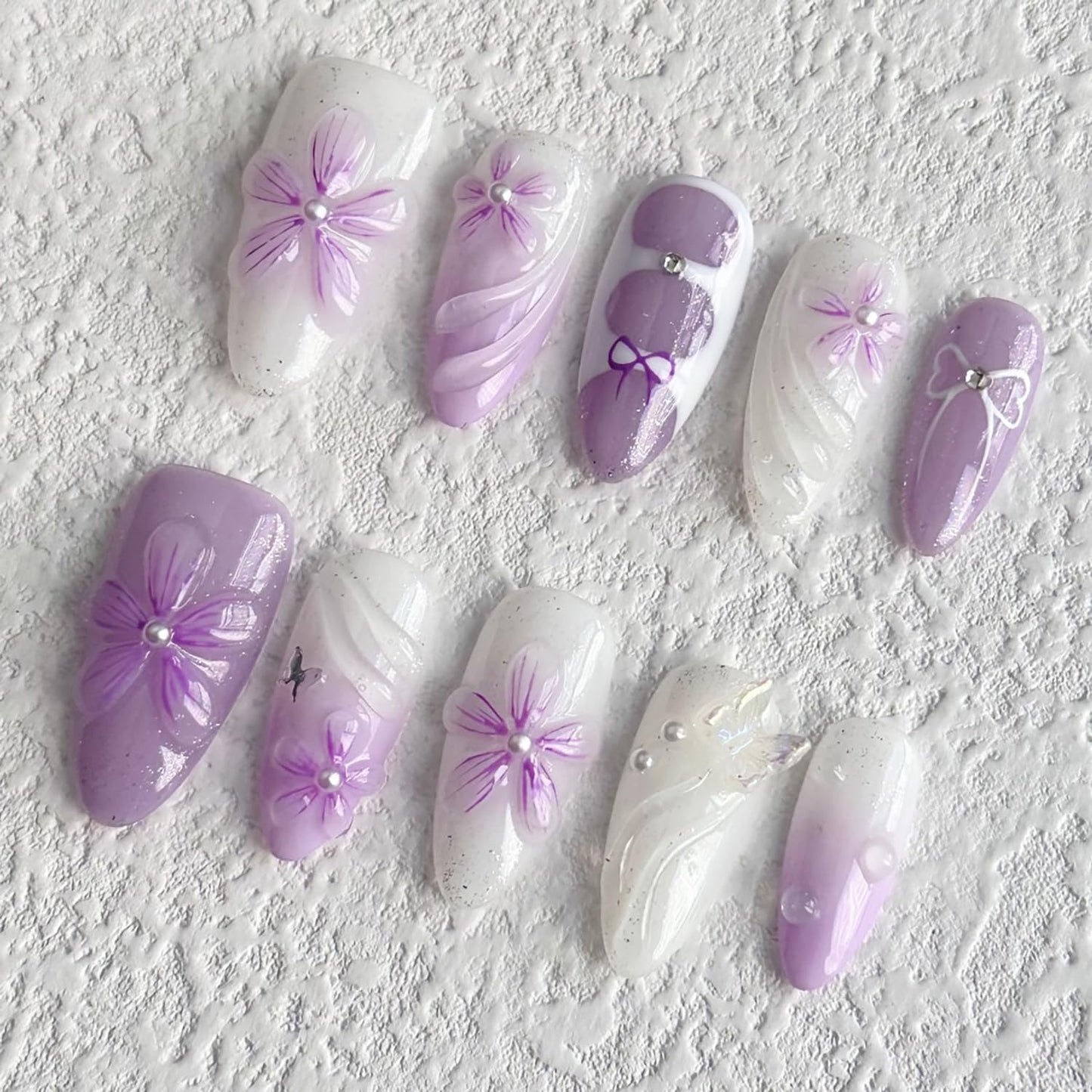 Almond Press on Nails Medium SWEKKE 3D Fake Nails Purple False Nails with Floral Bow Pearls Designs Summer Glossy Glue on Nail Stick on Nail for Women Girls 30Pcs