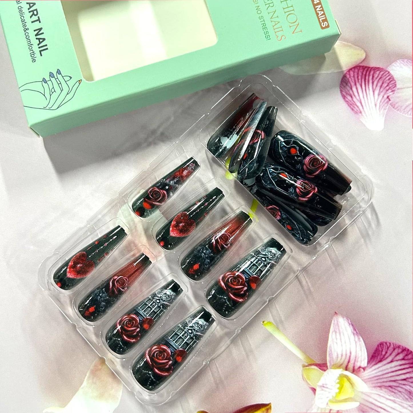 CJDLTS 24Pcs Flower Valentines Press on Nails Long Ballet Artificial Acrylic False Nails Red Love Fake Nail Rose Full Cover Reusable Coffin Floral Artificial Fingernails for Women Festival Manicure