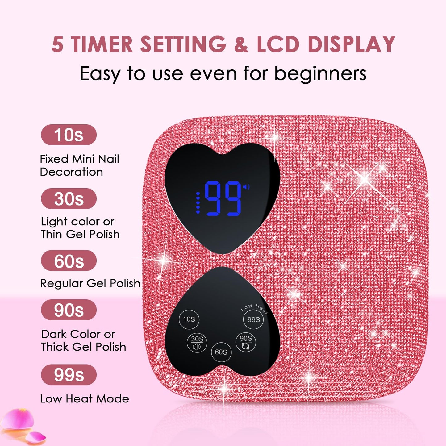 UV LED Nail Lamp Cordless, HUITINE 80W Rechargeable UV Light for Gel Nails with 5 Timers & Mirror Base, Professional Gel Light Dryer, Sparkling Rhinestones Curing Lamp for Salon & Home (Pink Diamond)
