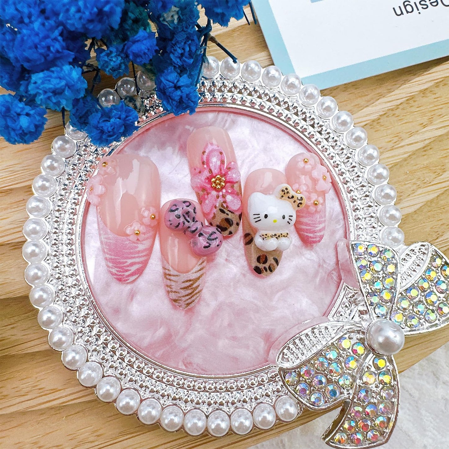 30Pcs Pink Press On Nails Medium Almond Leopard Print French Tip Fake Nails with Flowers Bow Rhinestones 3D Summer Flower Acrylic Nails Cute False Nail Set Cartoon Full Cover Stick on Nails for Women