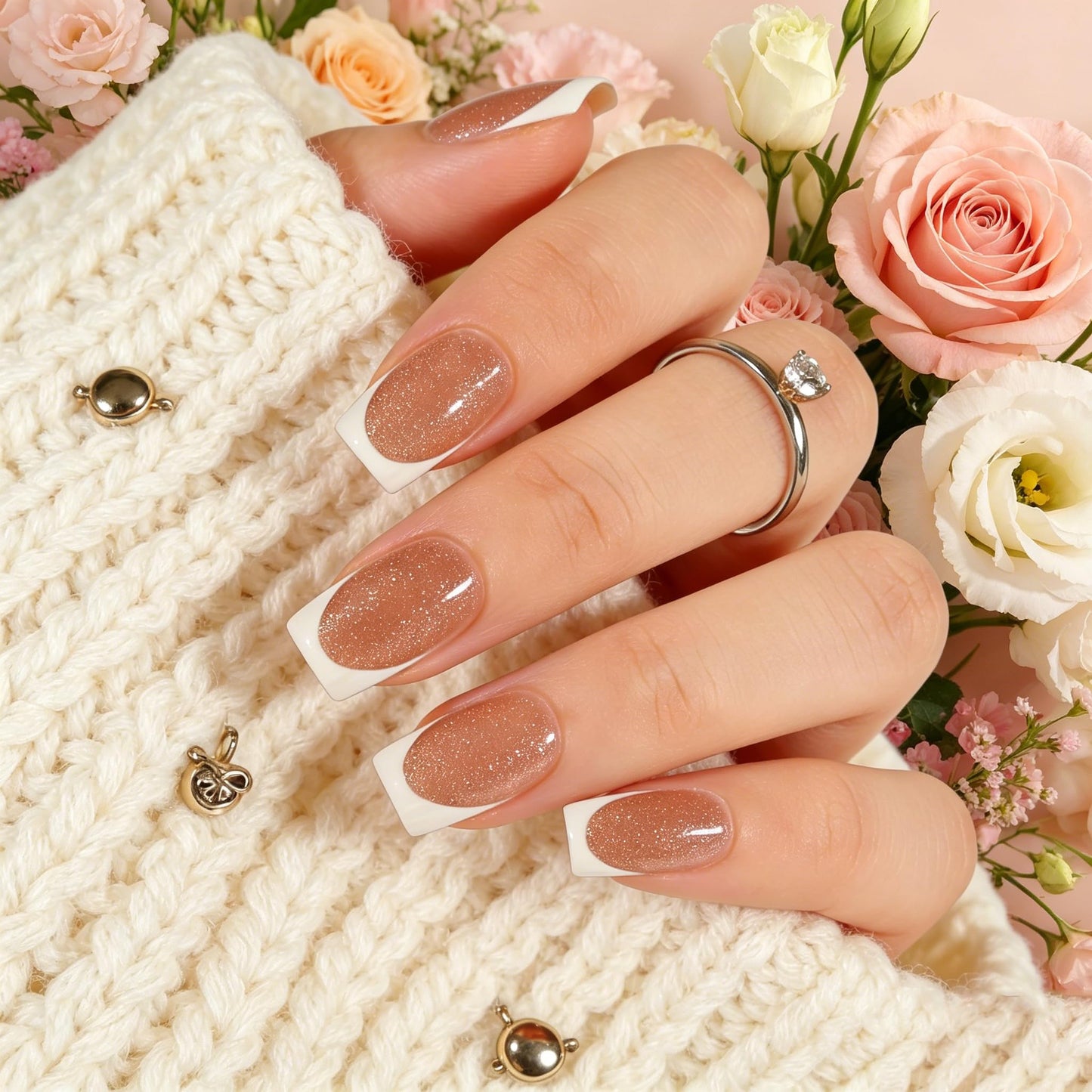 Dsixnails 160Pcs Short Brown Glitter Base French Gel Nail Tips 16Sizes, Square Soft French Tip Press On Nails, Pre-Lasting Acrylic Fake Nails, Soak Off Full Cover Nails Extension for Women Girl