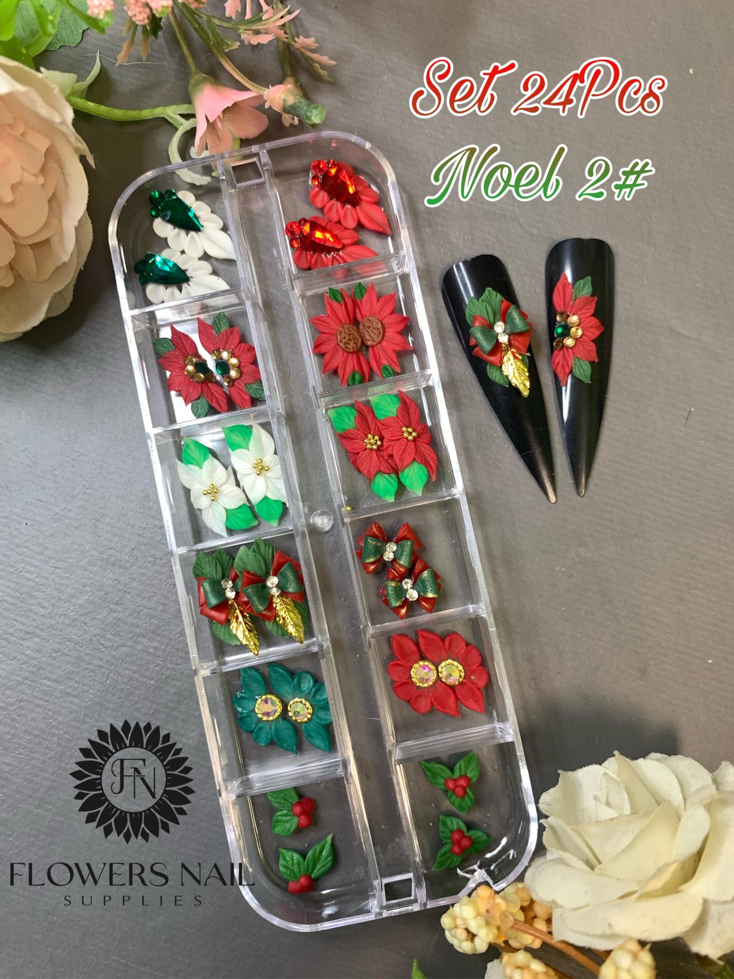 Set 24Pcs 3D Acrylic Christmas Nail Art Charms- Santa, Snowman, Reindeer,Pine tree, Penguin, Bear heart Handmade by Acrylic Powder (Noel-KILUM-Style-1)