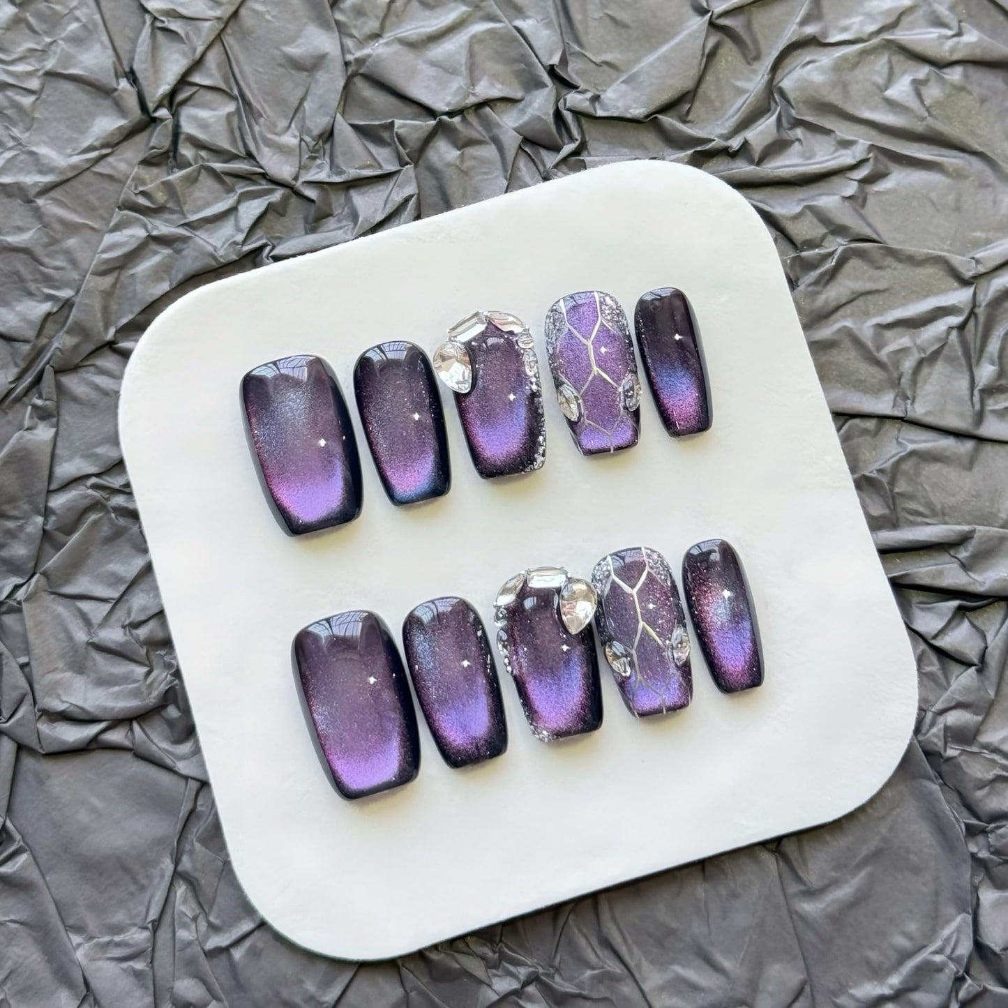 Purple Cat Eye Press On Nails - Galaxy Nebula Design with Crystal & Cracked Stone Accents, Short Coffin Shape, Reusable False Nails for Women (M)