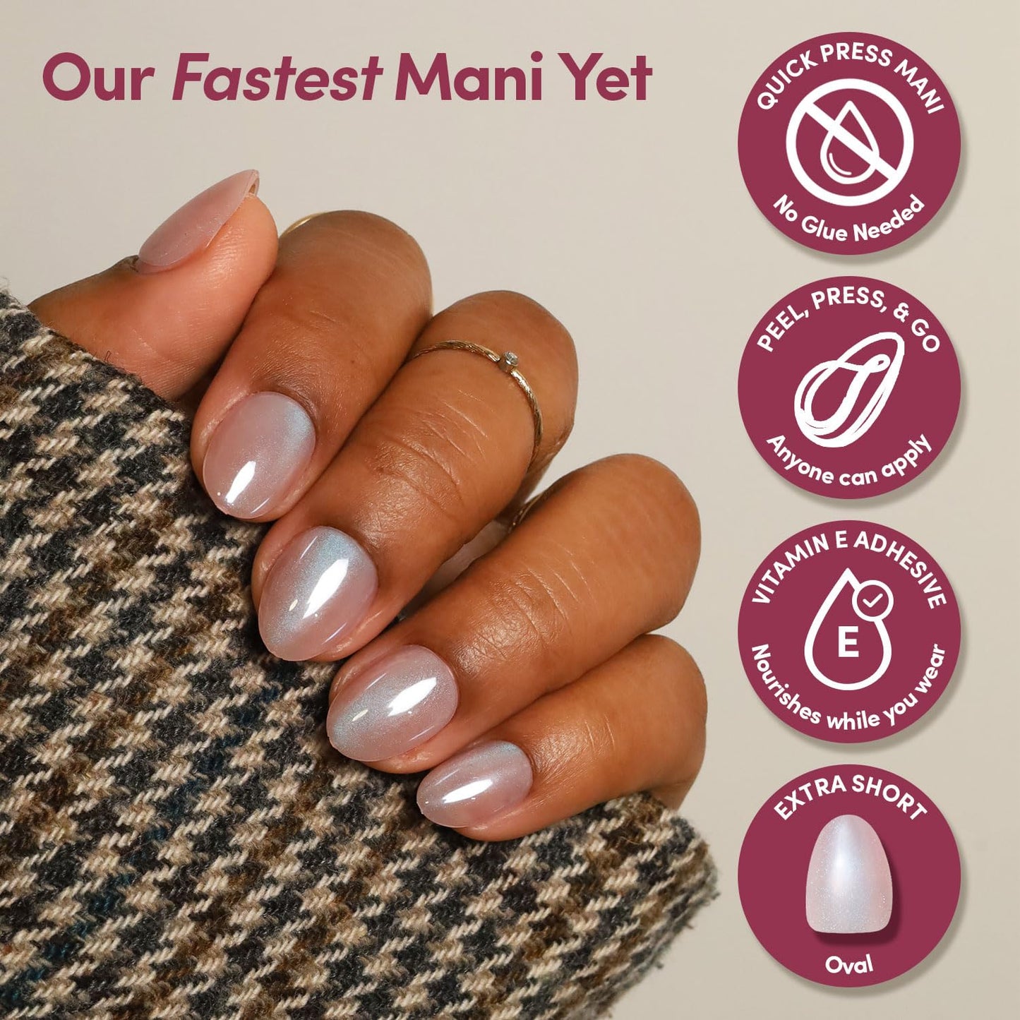 Glamnetic Quick Press Mani - No Glue Press On Nails, Just Peel and Stick, Oval Extra Short Nails, Mess Free, Salon Quality Stick On Nails, Nude Glazed | in 15 Sizes - 30 Nail Kit