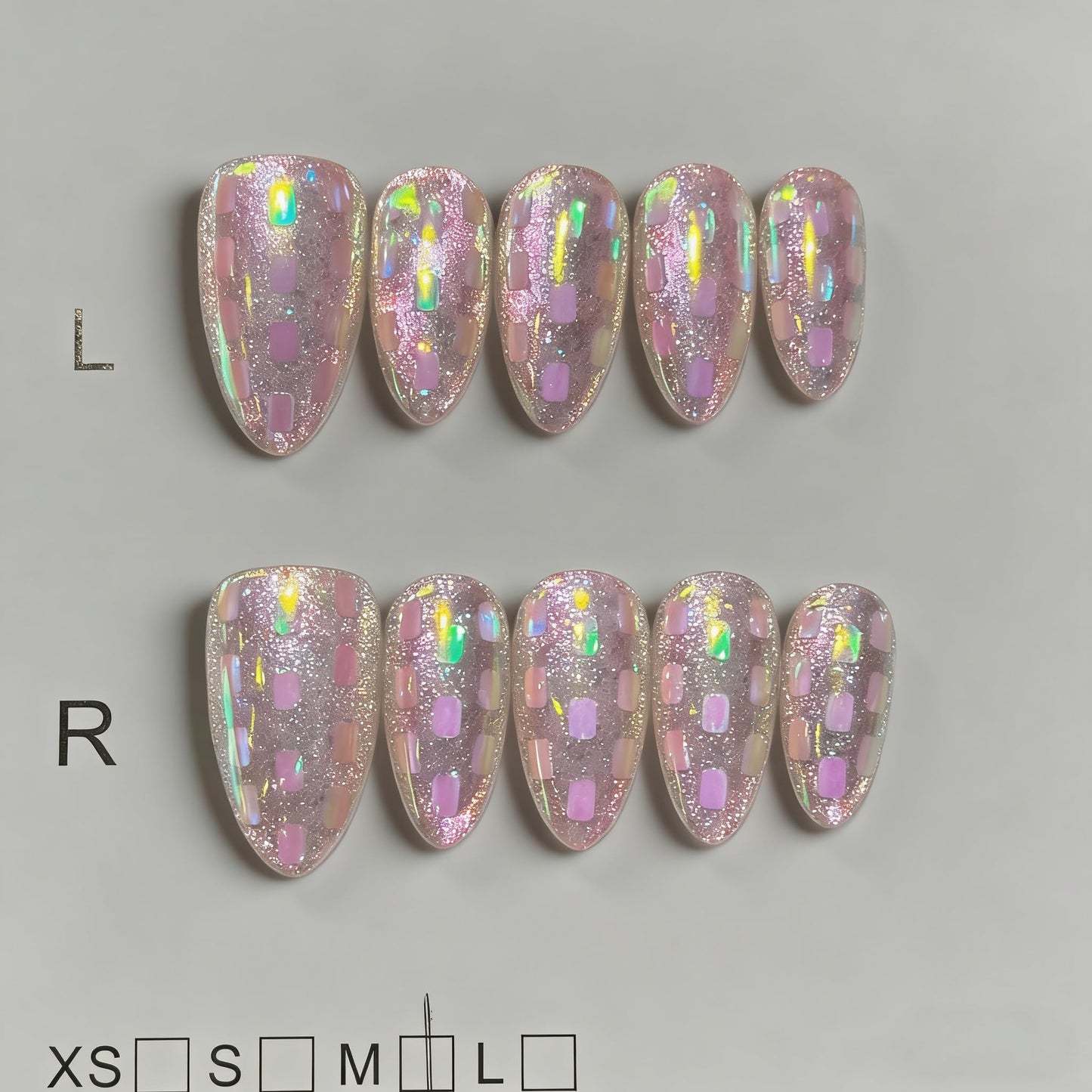 Handmade Press On Nails, Almond Shape Pink Glitter Holographic Checkerboard Fake Nails, Reusable False Nails with Gel Tabs for Women Girls, DIY Manicure for Party Daily Wear M Size