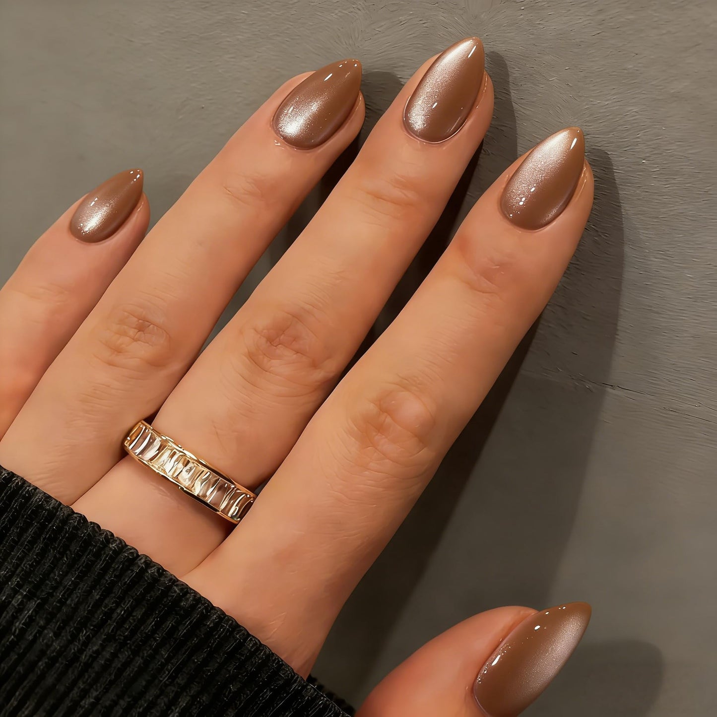 KQueenest Cat Eye Press On Nails Short Almond - Light Brown Press On Nails Short Stiletto, 32 Pcs 16 Sizes Glitter Fake Nails Press ons, Upgrade Thick Quality, Reusable Bling Glue on Nail for Women