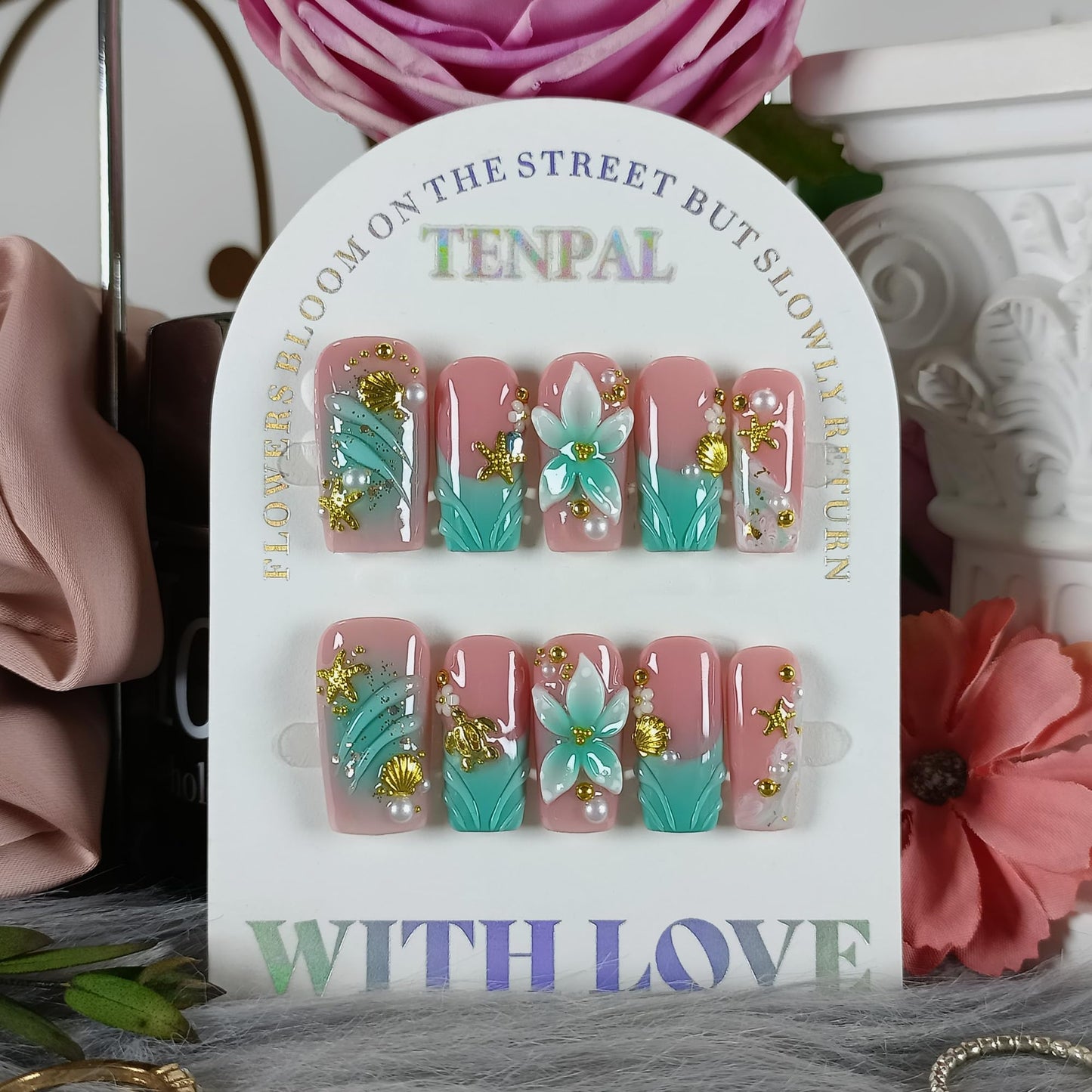 TENPAL Handmade Coffin Press on Nails Medium- Emerald Green Blushing Ombre Fake Nails with 3D Starfish & Shell Design, Coastal Elegance Style Glossy Acrylic Flowers False Nails with Tools(S)