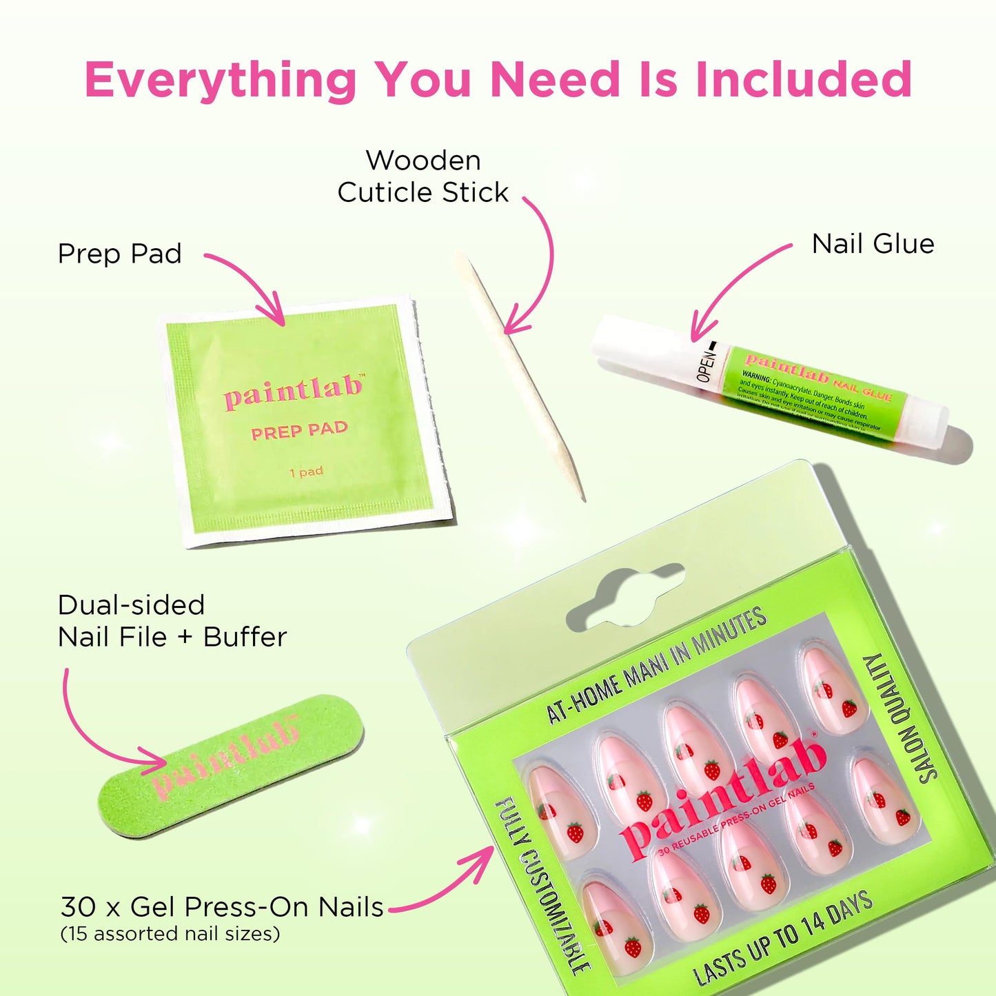 PaintLab Press On Nails - Pink Strawberry Short Almond Fake Nails, 30 Nails in 15 Sizes with Glue, Reusable Salon Quality Press On Nails