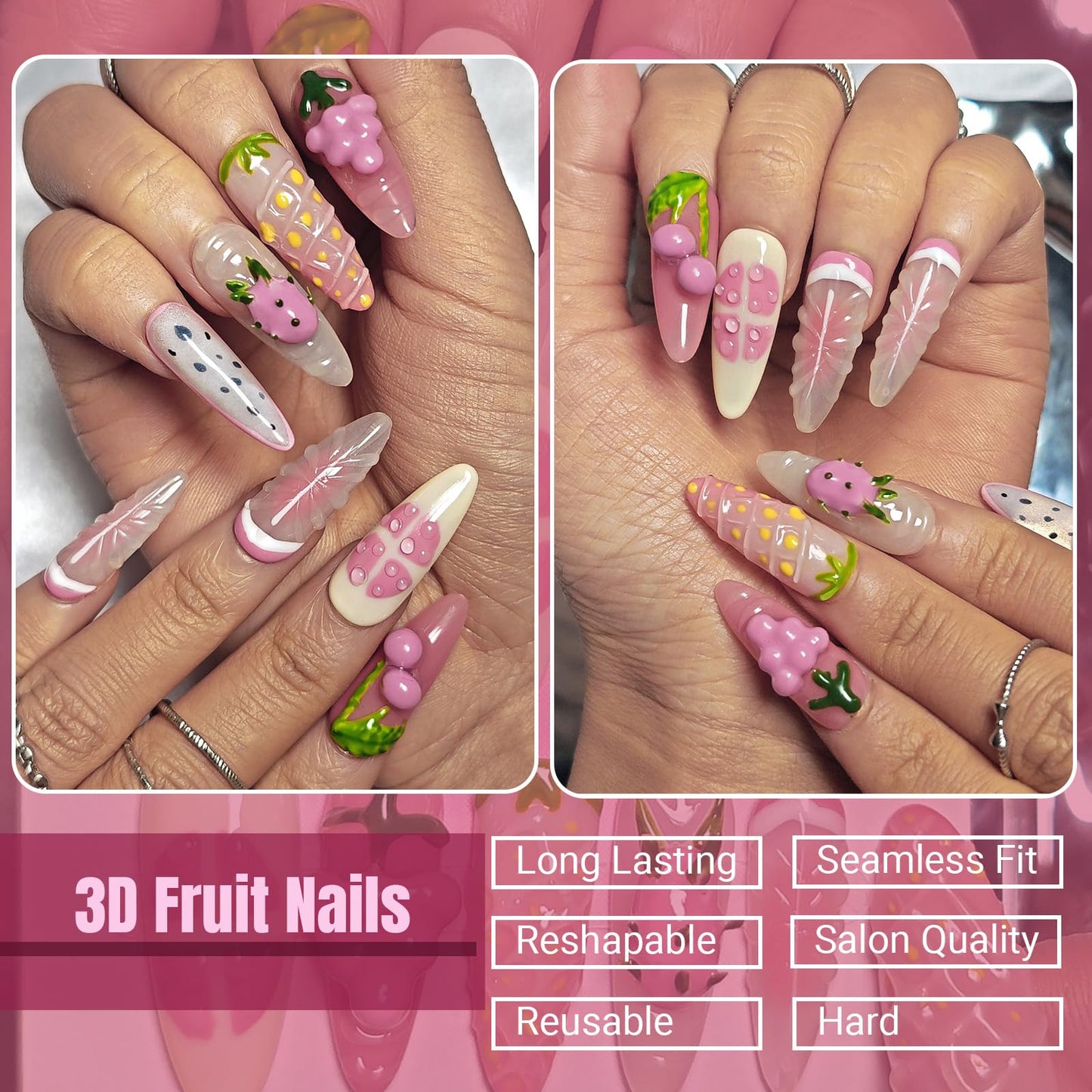 Handmade Acrylic Press On Nails Almond, Long Almond Press On Nails 3D Design, 3D Fruit Strawberry Nails For Women Gift, Reusable Stick On Fake Nails Kit With Nail Glue(Strawberry Fruit Feast-S)